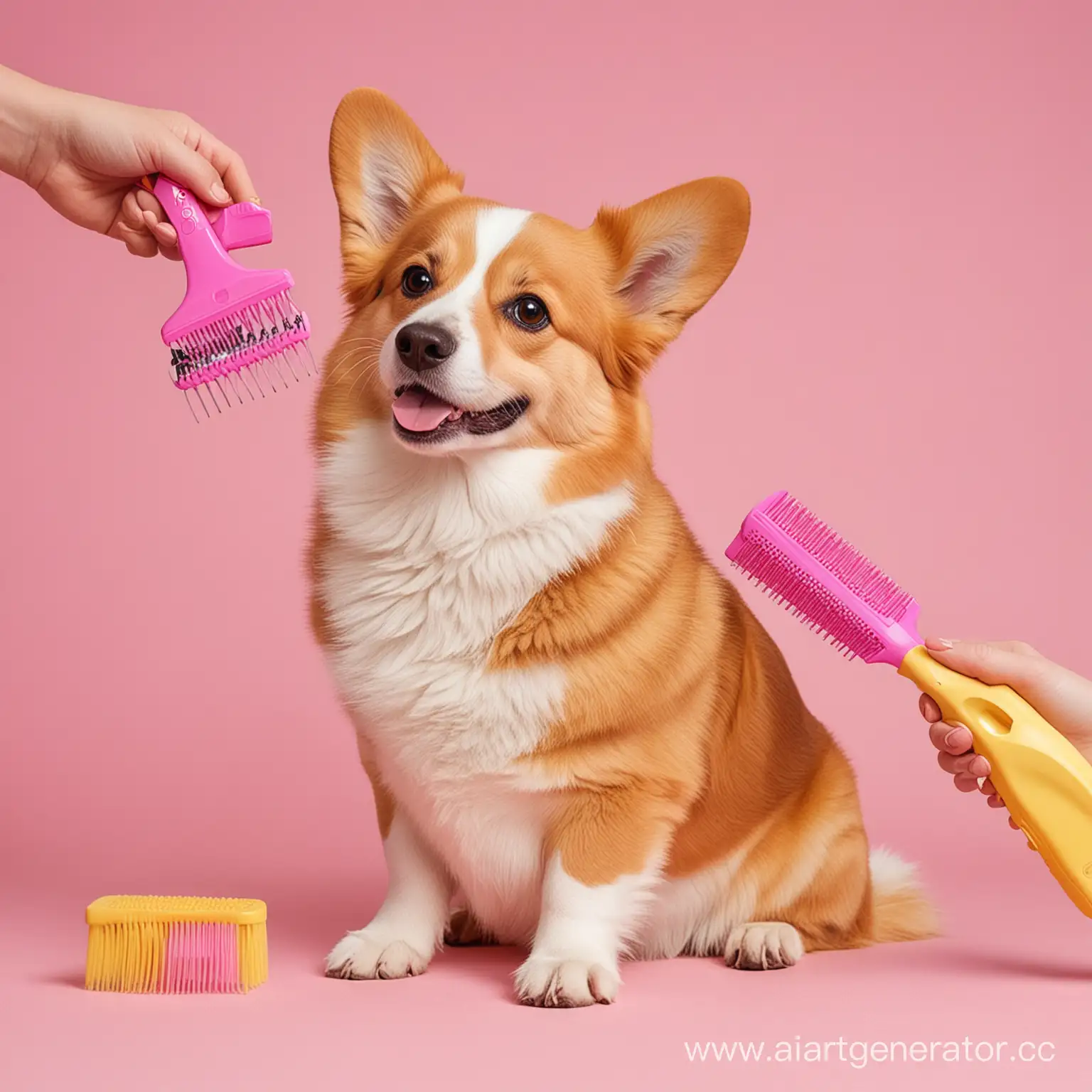 нарисуй собаку породы корги на груминге, слева от собаки стоит грумер и держит в руке гребень, фон розовый, есть желтые акценты
