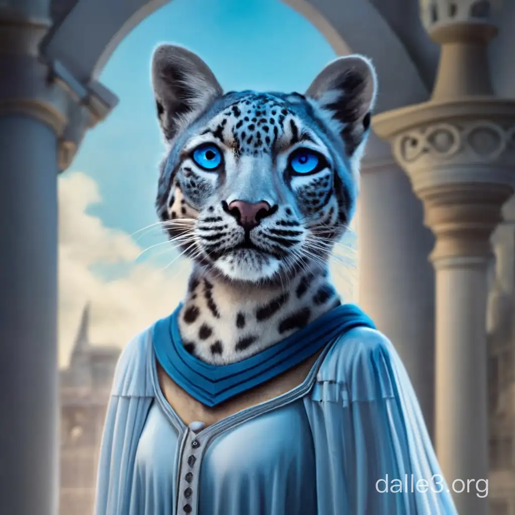 realistic long furred snow leopard tabaxi with ice blue eyes wearing a flowy white dress. the dress fades into a darker blue hue at the rim and end of sleeves. the dress is worn by a snow leopard tabaxi in a medieval castle. 