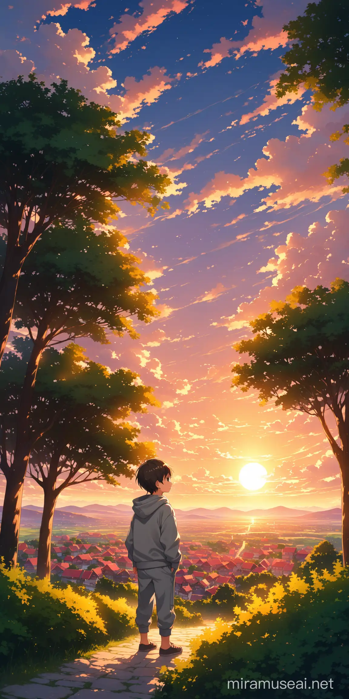 A young boy(wearing a grey hoodie and a trouser)on a place that can seen a whole town(a high placeand boy is standing between some trees and bushes), town showing small and wide,beautiful evening sunset can be showed,bright round sun and clouds in the sky, dark pink themed sunlight has lightned everywhere,landsacpe.
