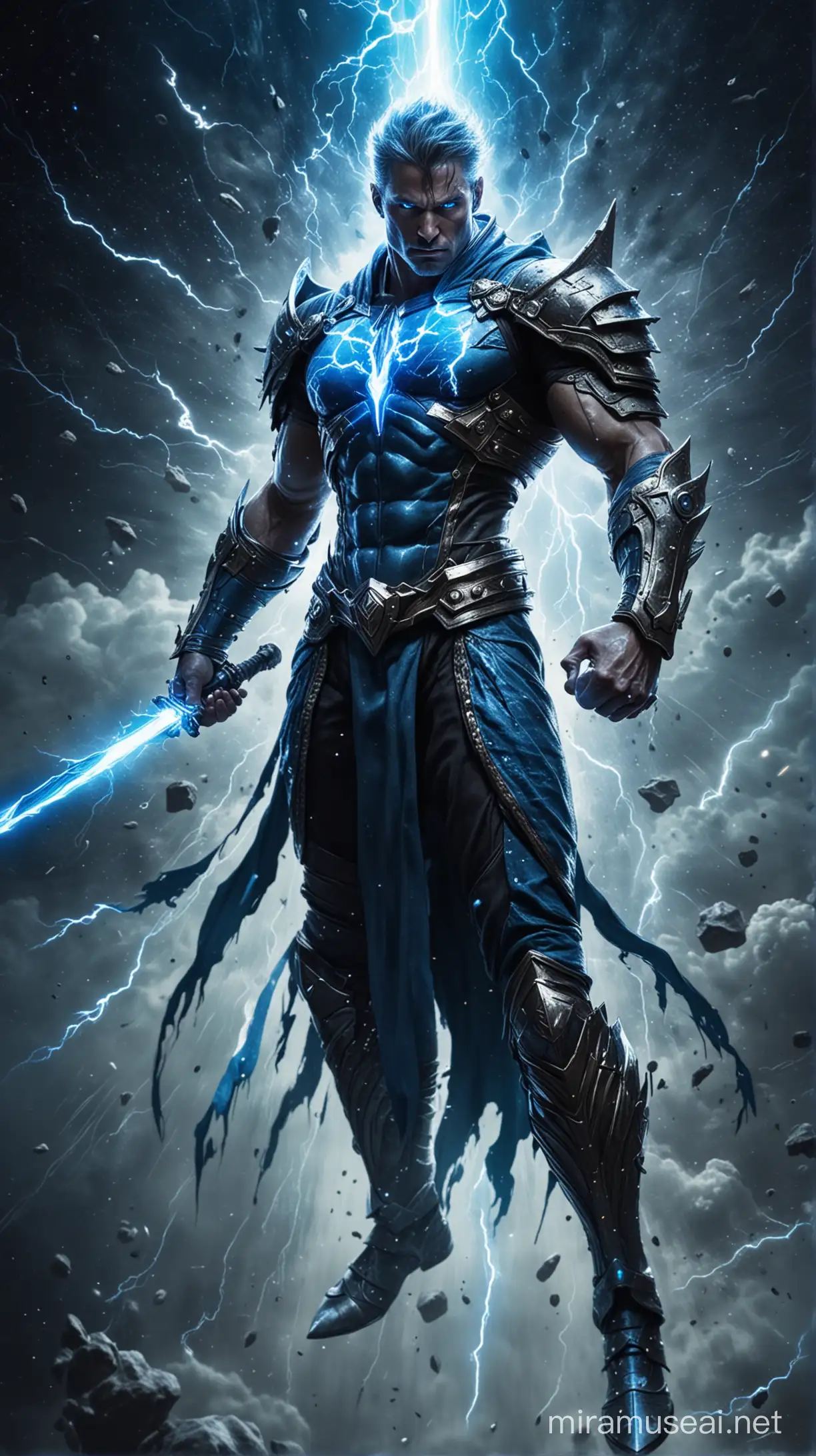 Cosmic warrior, cosmic, aggressive, sword, detailed hands, blue lightning all over his body, floating in the space