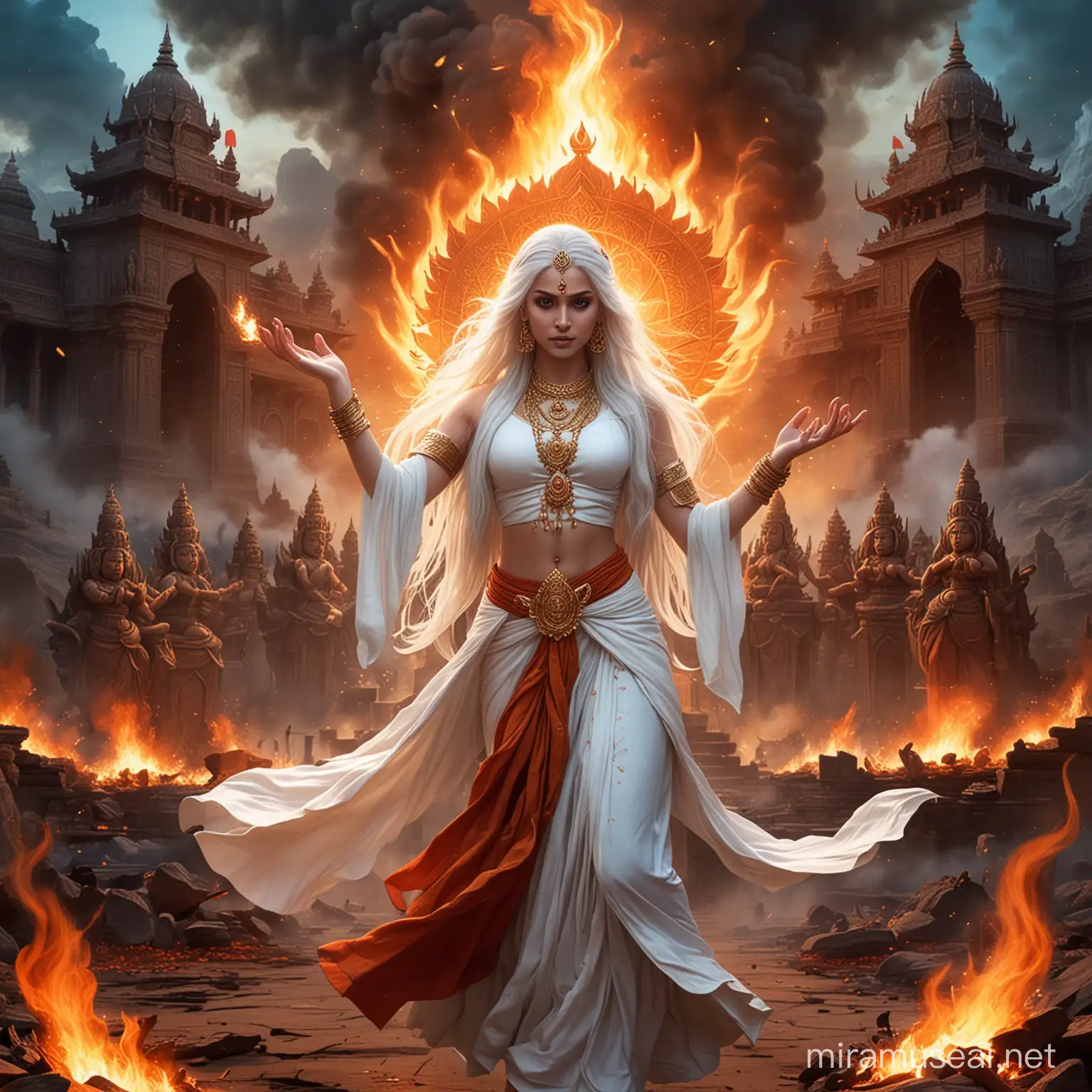 Fiery Combat Kayashiel Empress Confronted by Hindu Deities in a Dark Palace