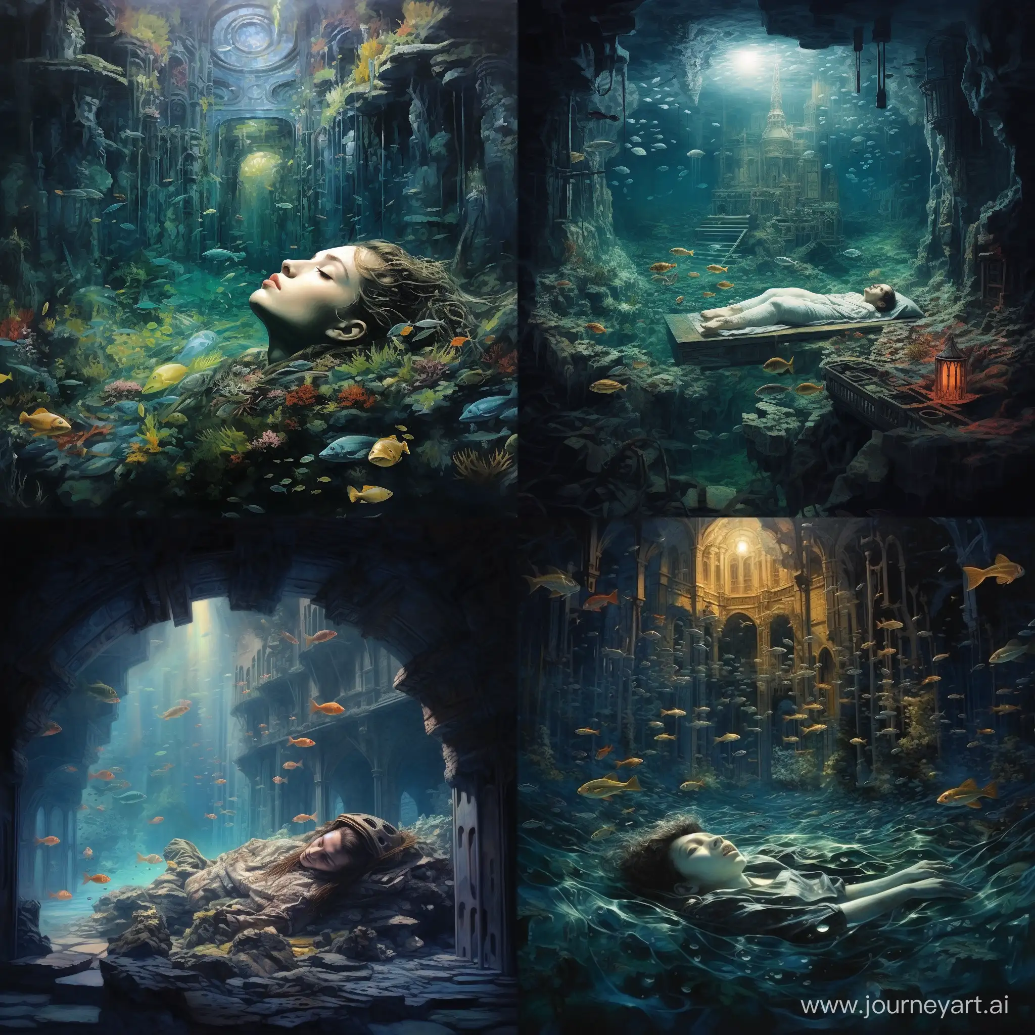 sleeping [вариант] has magical dreams about an underwater ancient, mythical city under water, An incredible, intricate, creative surreal painting style, hyperrealistic