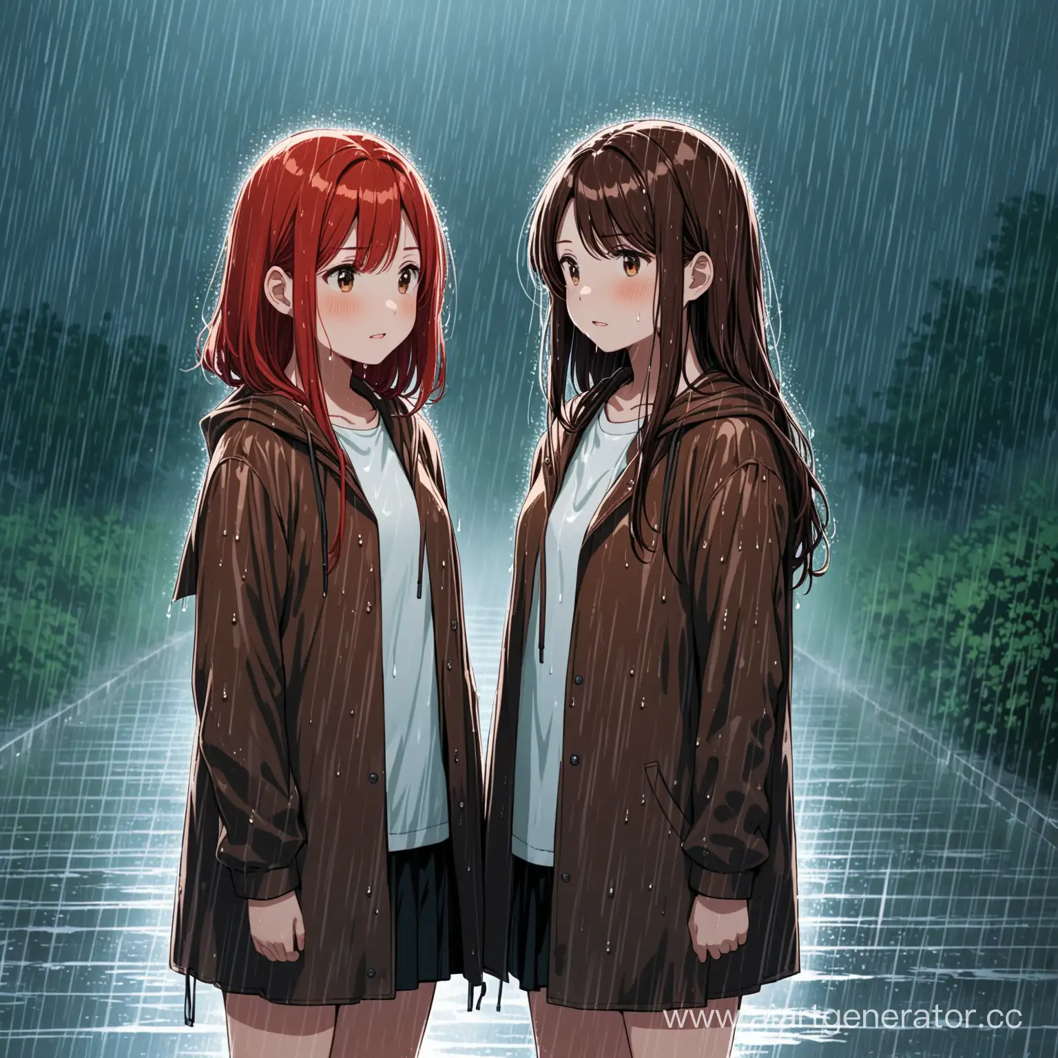 Две девушки стоят под дождем. У одной короткие красные волосы, а у другой русые длинные