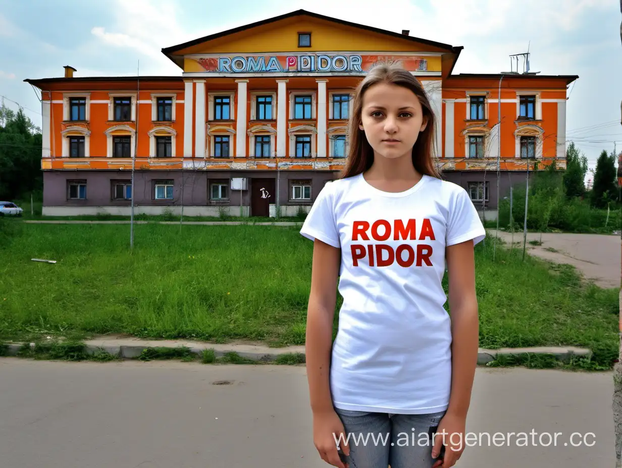 Девушка в белой футболке, на футболке надпись "ROMA PIDOR", девушка находится на фоне дома культуры города Ждановка Донецка Область