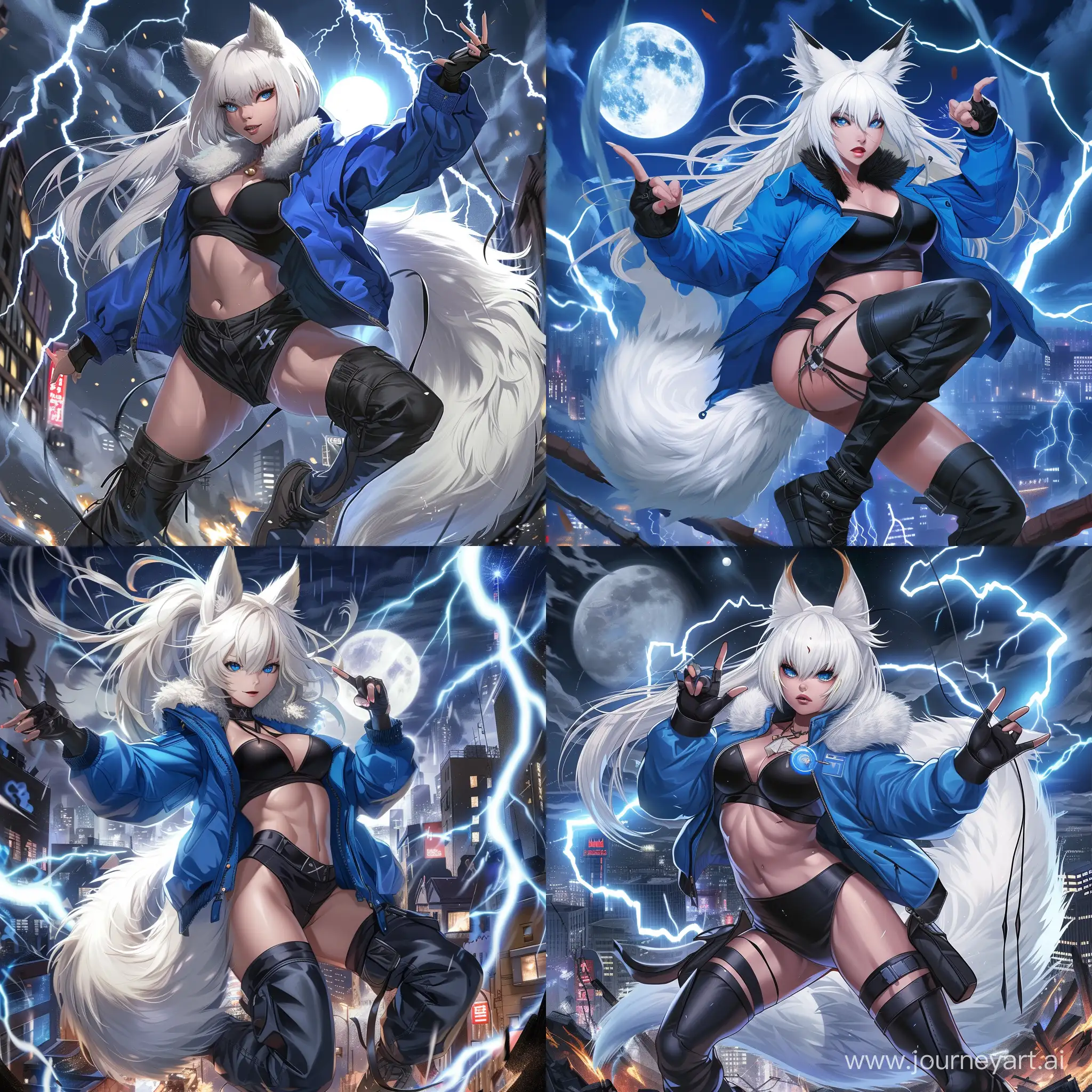 anime-style, full body, athletic, muscular, tan skin, adult, asian woman, long white hair, white fox ears, white fox tail attached to her waist, fierce blue eyes, blue jacket, black leotard, long baggy black cargo pants, black boots, fingerless black leather gloves, dynamic pose, martial arts, city, night, full moon, fur collar, using lightning magic, surrounded by lightning