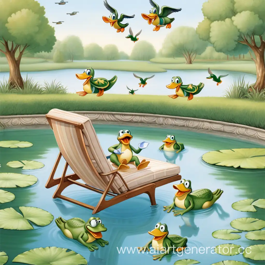 Tranquil-Scene-Ducks-Flying-Over-a-Pond-with-a-Relaxing-Frog-on-a-Lounge-Chair