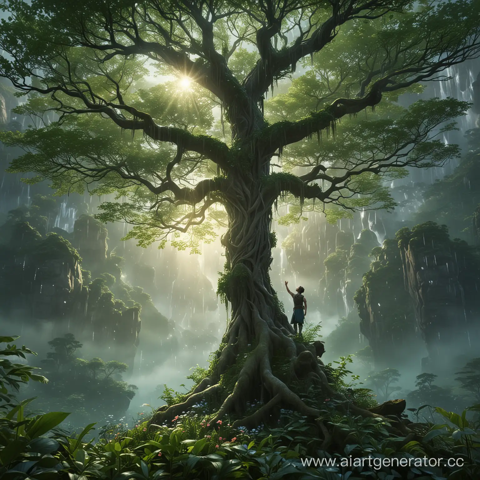 Man-Embracing-Mighty-Tree-Atop-Mountain-Nature-Harmony-Portrait