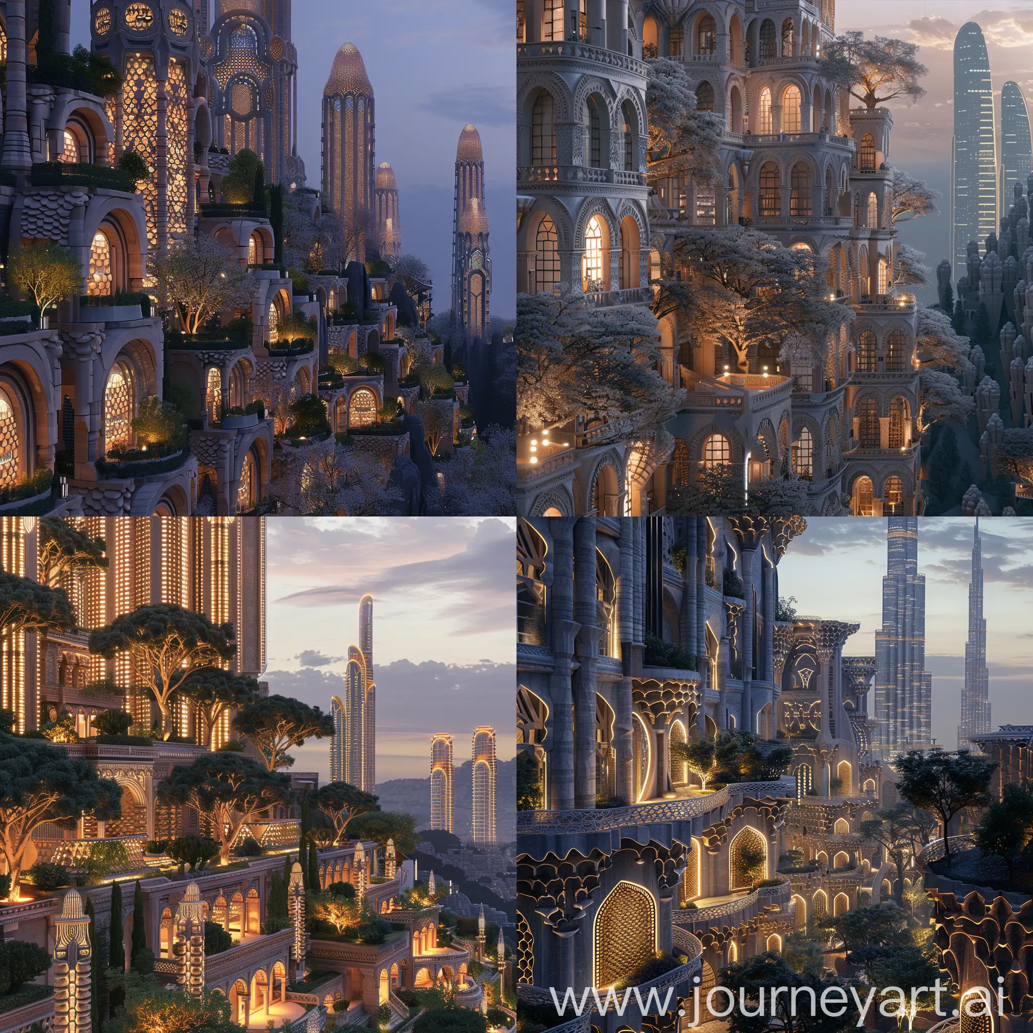 Beautiful futuristic metropolis in an alternate timeline where all buildings retain traditional elements, ornate architecture with scale-like patterns on facades and illuminated trees, terraced supertall travertine skyscrapers in distance, spring, photograph