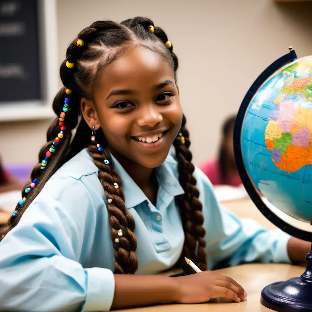 Smiling Black Student Girl Studying Social Studies with Globe in Classroom