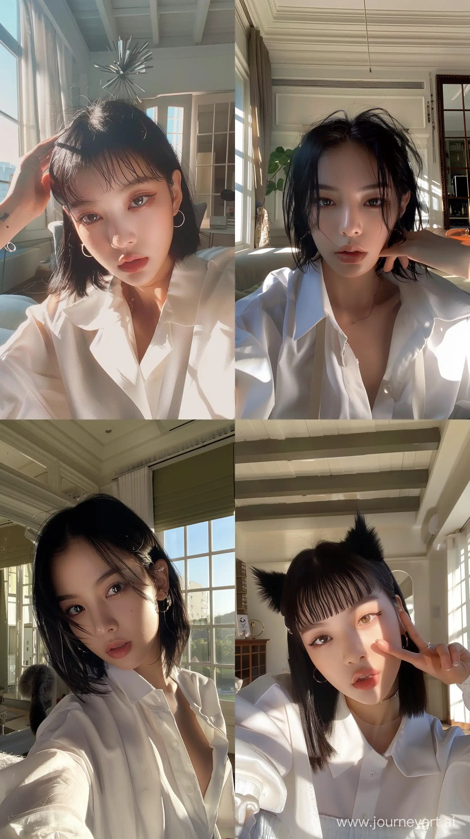 a instagram selfie of blackpink's jennie with wide set eyes wearing white shirt, with black wolfcut hair in sunlit room --ar 9:16