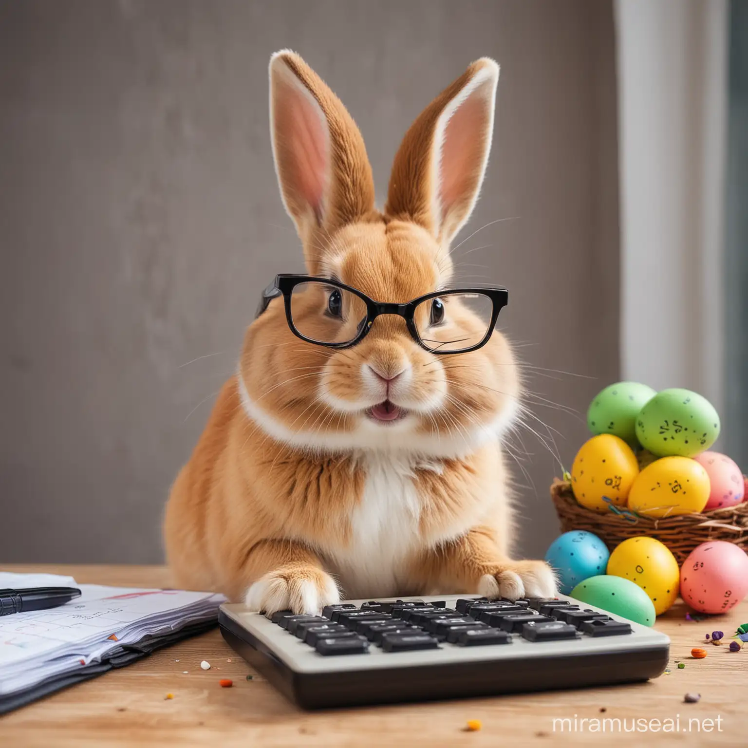 A HAPPY SMILED RABBIT USING A CALCULATOR, RABBIT WEARING A GLASS. IN THE BACKGROUND COLORFUL EASTER VISUALS