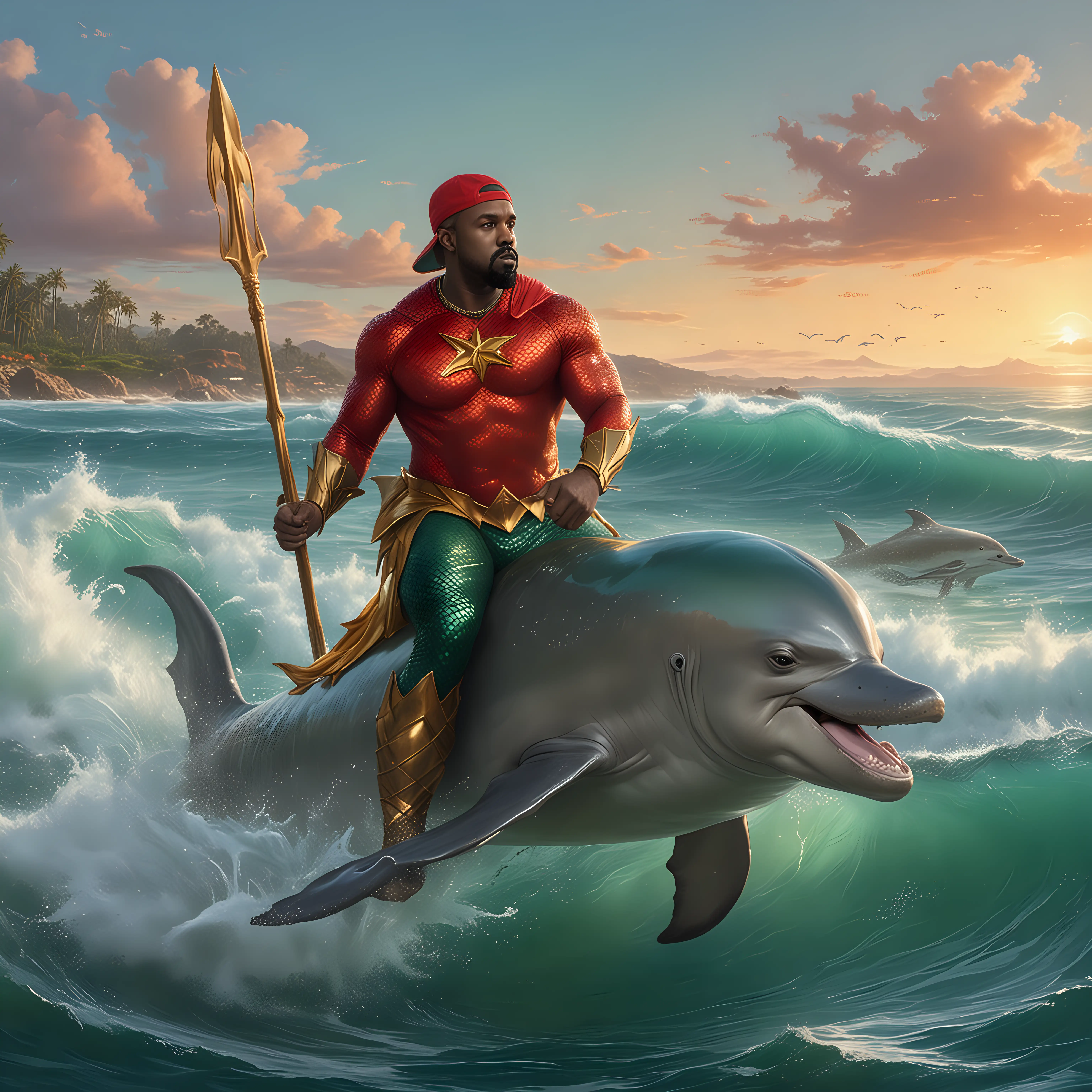 in the style of an oil painting, create an image of kanye west dressed as aquaman, while riding a dolphin in the ocean. Have him wearing a red baseball cap.