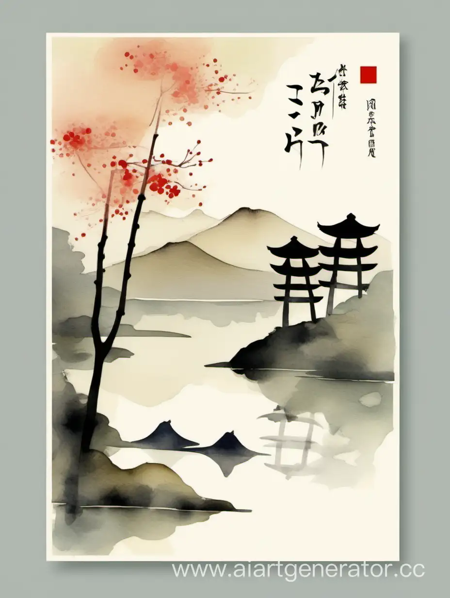 открытка в японском стиле, минимализм, акварель