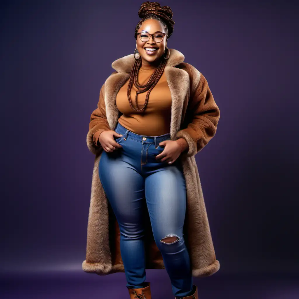 create an oil painting of a beautiful caramel African with heavy size body woman wearing purple modesty African blouse with denim pants  and box braids on hair smiling with  confident and  she is wearing luxury glasses and in standing position she is wearing boots  she is wearing a fluffy coat and 