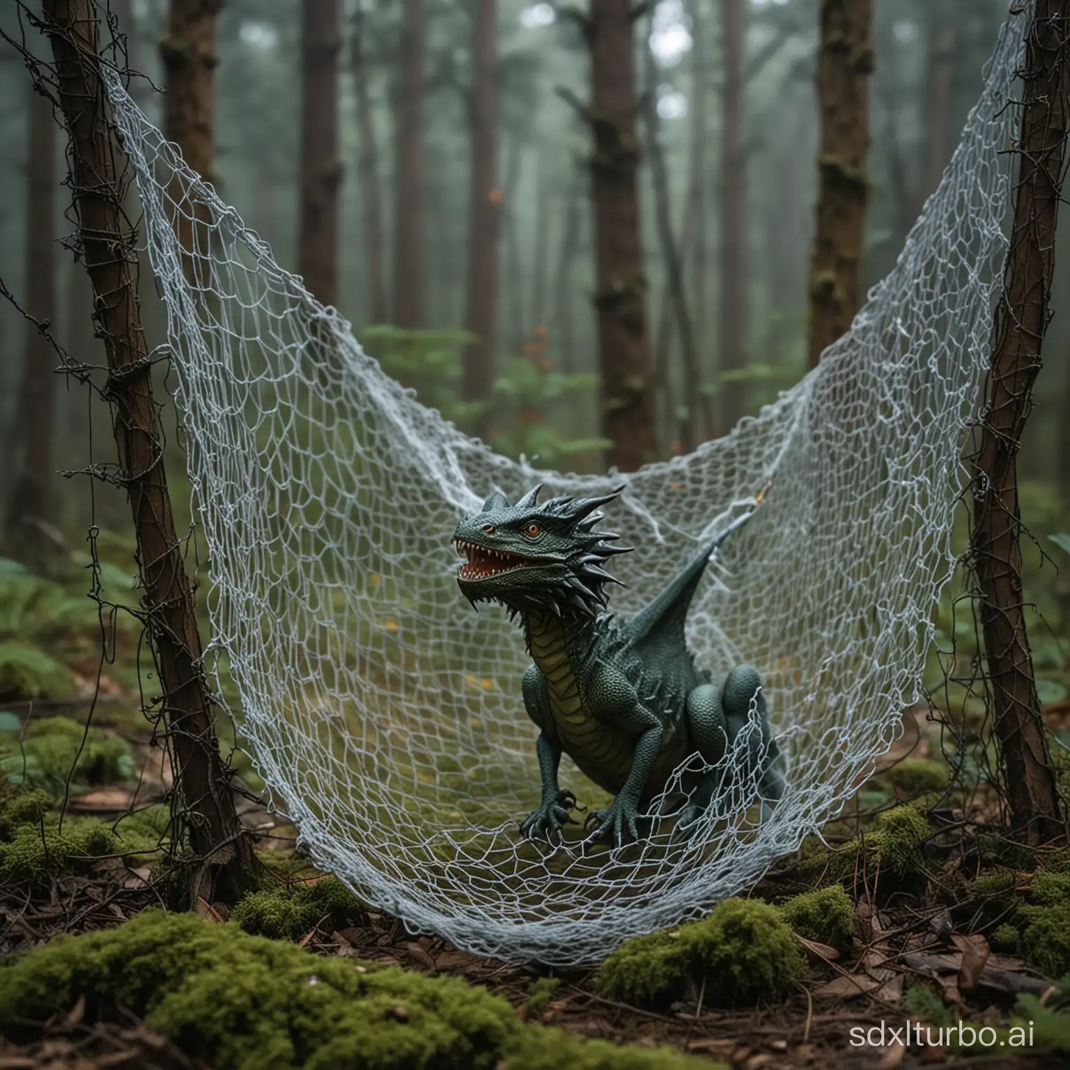 forest, there is a tiny dragon, wounded and trapped in a net.
