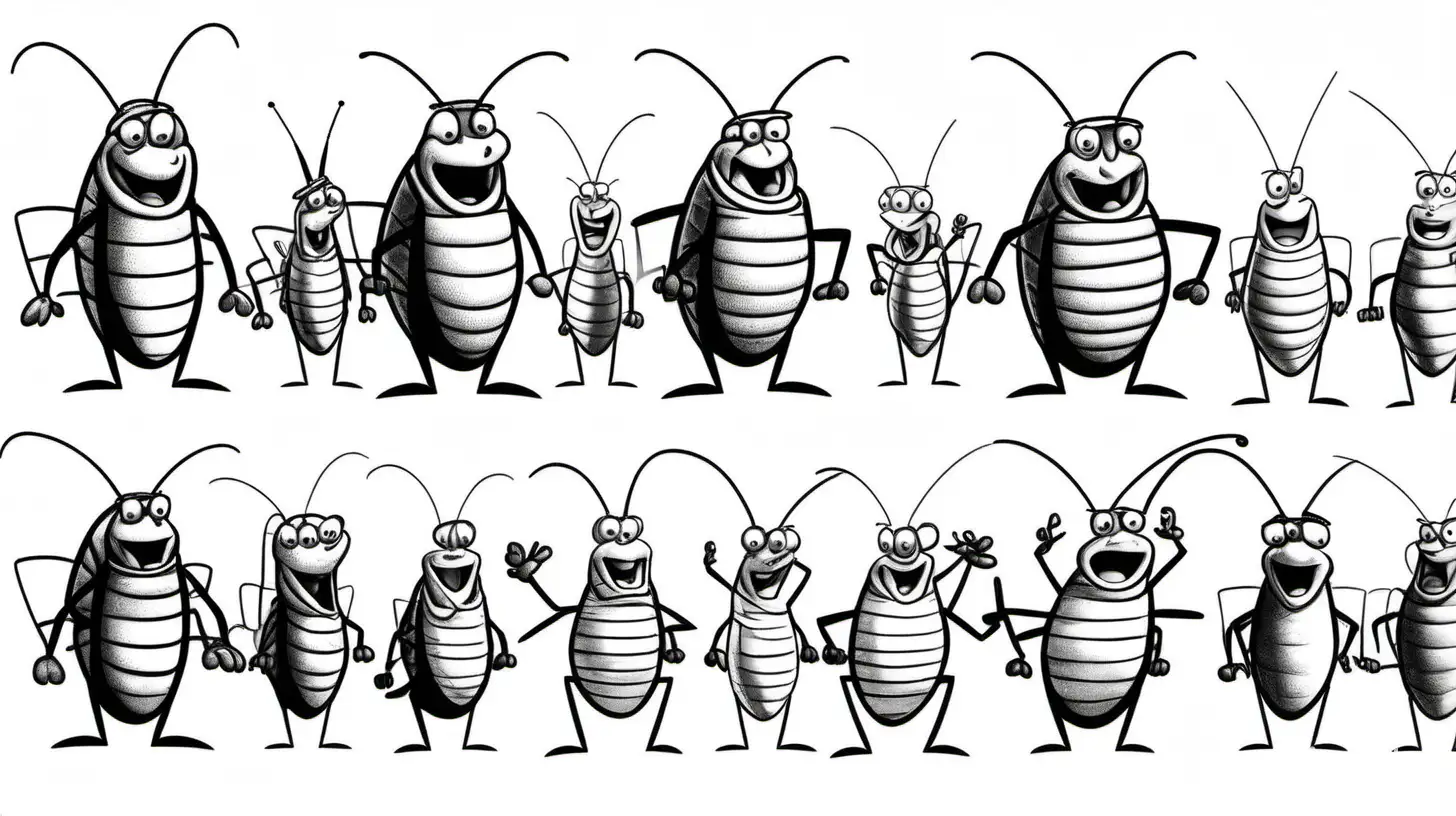 Show an anthropormorphized drawings of a Cockroach character. In a cartoon style similar to Hanna Barbera cartoons like Yogi Bear and Snagglepuss. Show multiple different versions stacked in a grid formation like drawing thumbnails. The drawings should be black and white pencil art with no colors