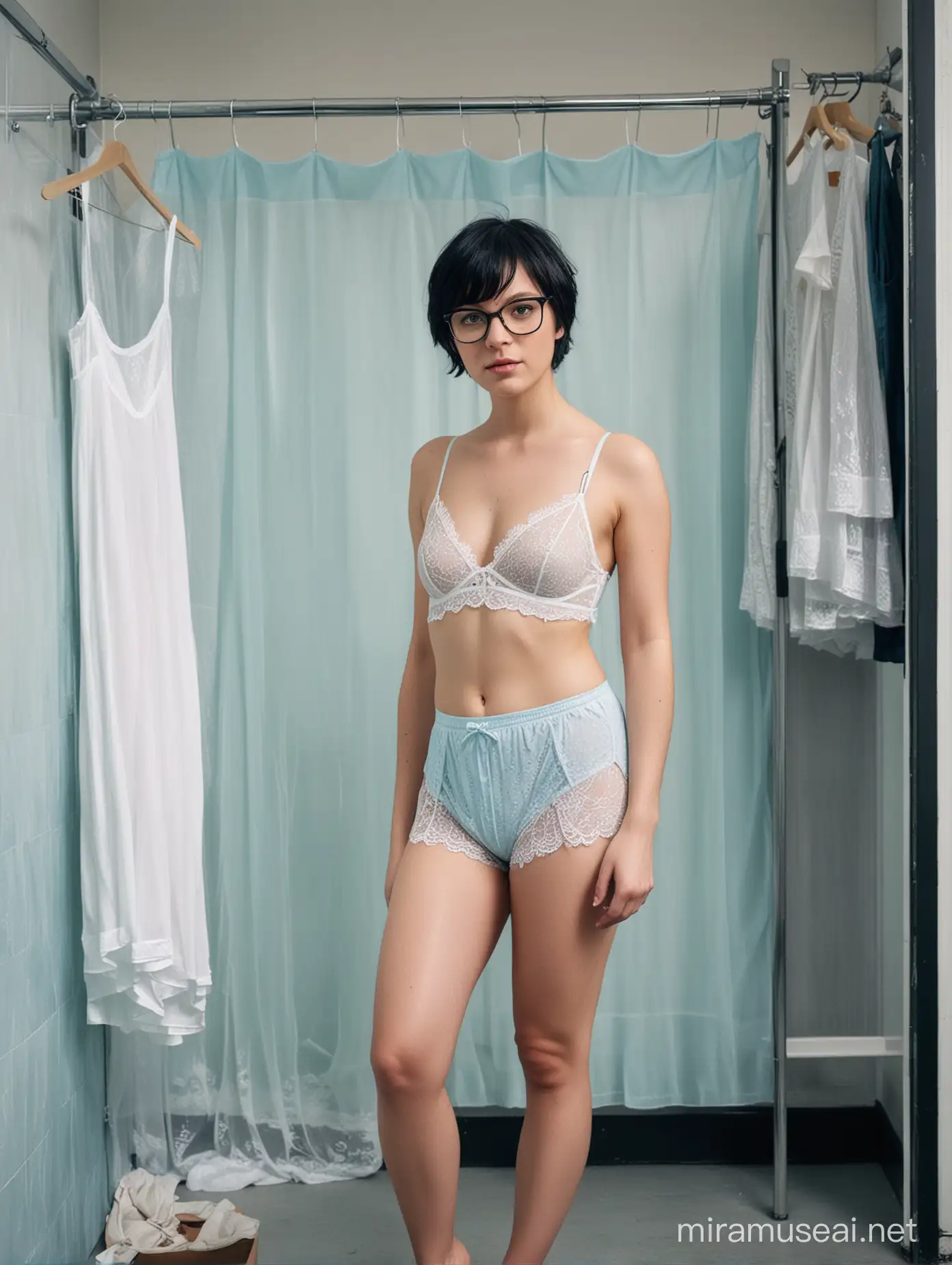 A colour photo of a woman with glasses and   short black hair, wearing a short pale blue slip and wet white lacy panties, standing with legs apart, in a gloomy shop changing room.