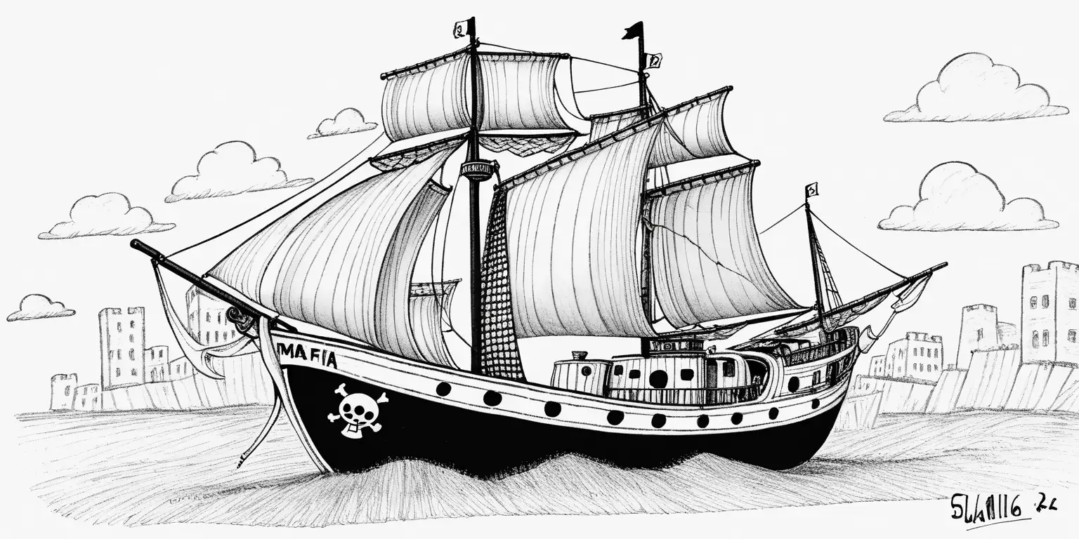 a small mafia sloop, one piece drawing style.