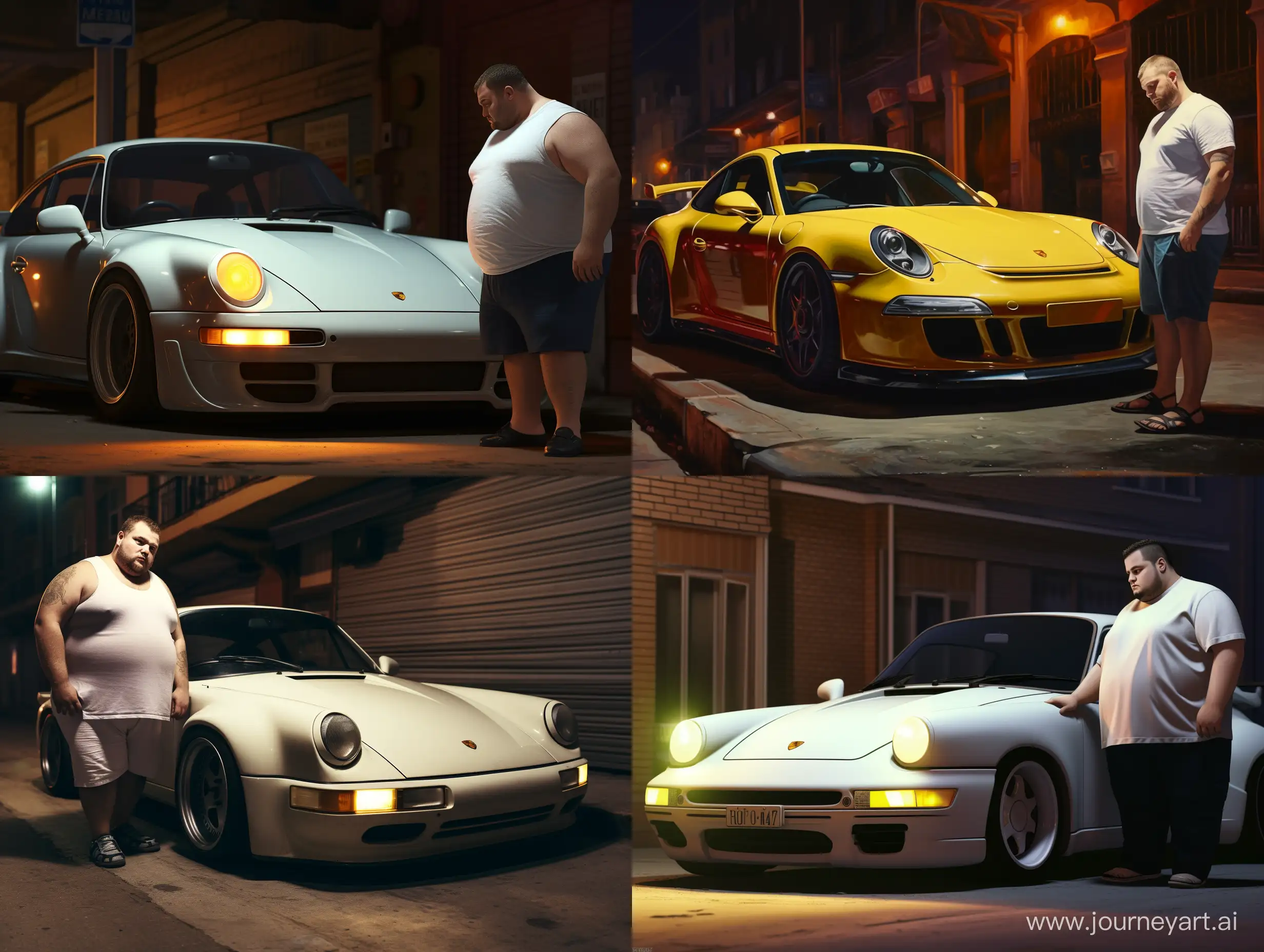 A young fat guy is standing next to an old model of a white porsche. The yellow halogen headlights of this car shine brightly. The action takes place on a dark street in a residential area of an Eastern European city