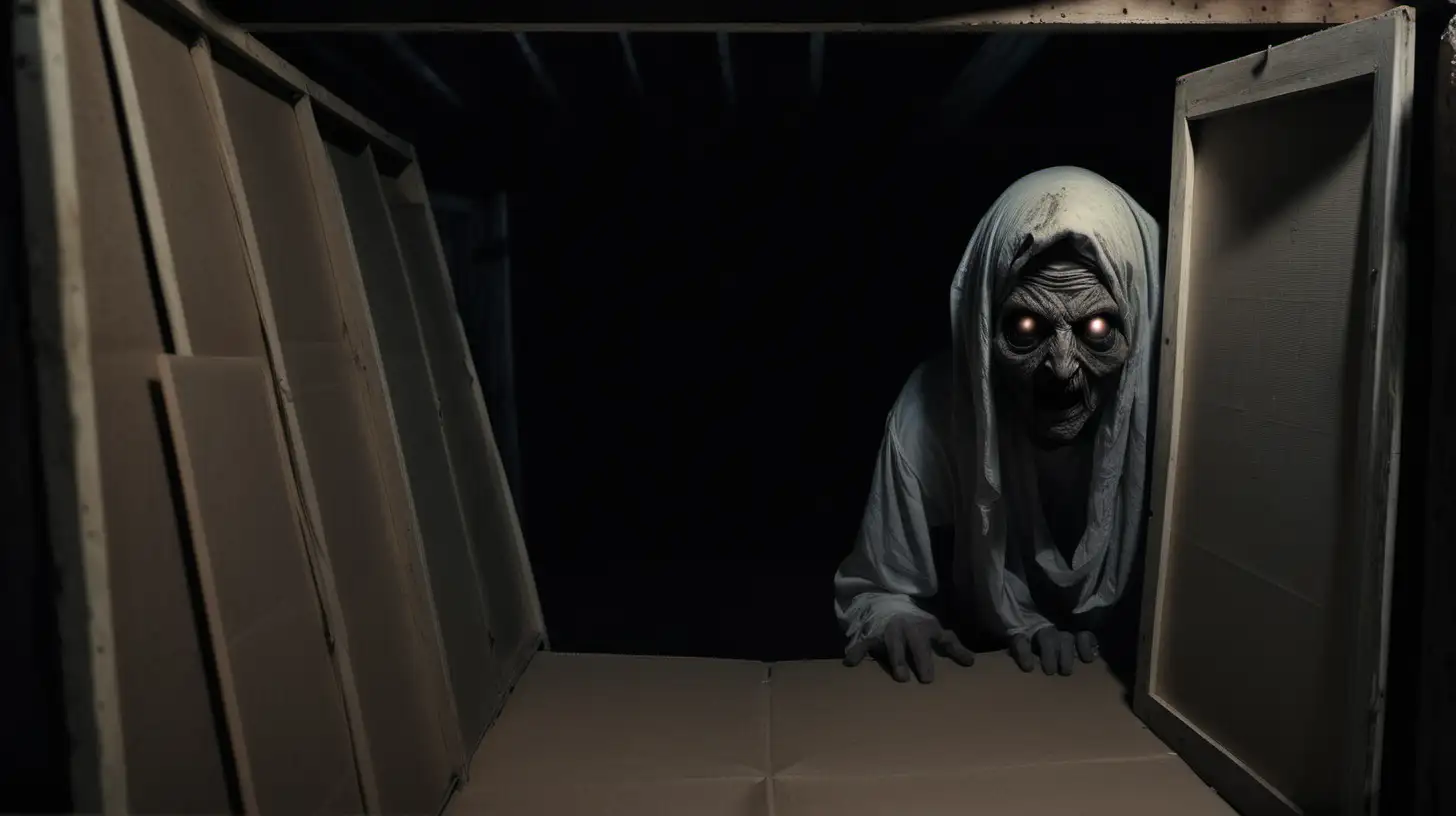scary creepy human-like entity in a large old dark attic, peering from behind some old covered dusty boxes