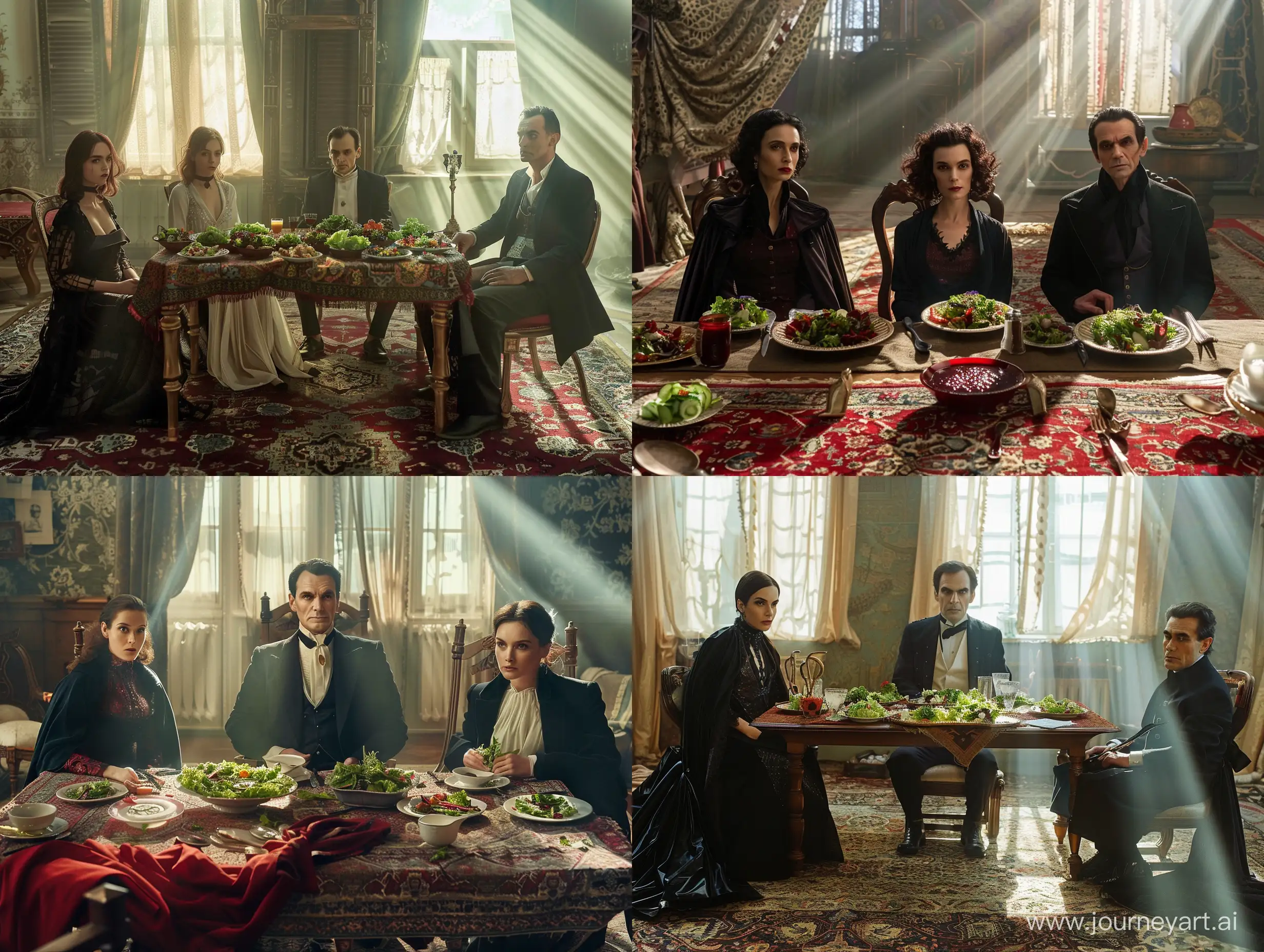 The characters of the film Van Helsing (Dracula, Gabriel, Anna) must sit at a table with salads on the background of a carpet and Soviet utensils. Sunlight falls from the window. They all communicate nicely. 🙂