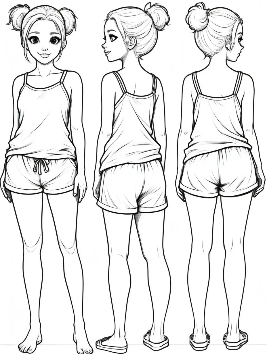 character study, PAJAMA PARTY GIRL, WHITE hair, up do hair, FUZZY SHORTS AND CAMI TOP, multiple poses, full body, half body, quarter body, arms in poses, hair up and hair down, artist canvas, annotations, Coloring Page, black and white, line art, white background, Simplicity, Ample White Space. The background of the coloring page is plain white to make it easy for young children to color within the lines. The outlines of all the subjects are easy to distinguish, making it simple for kids to color without too much difficulty