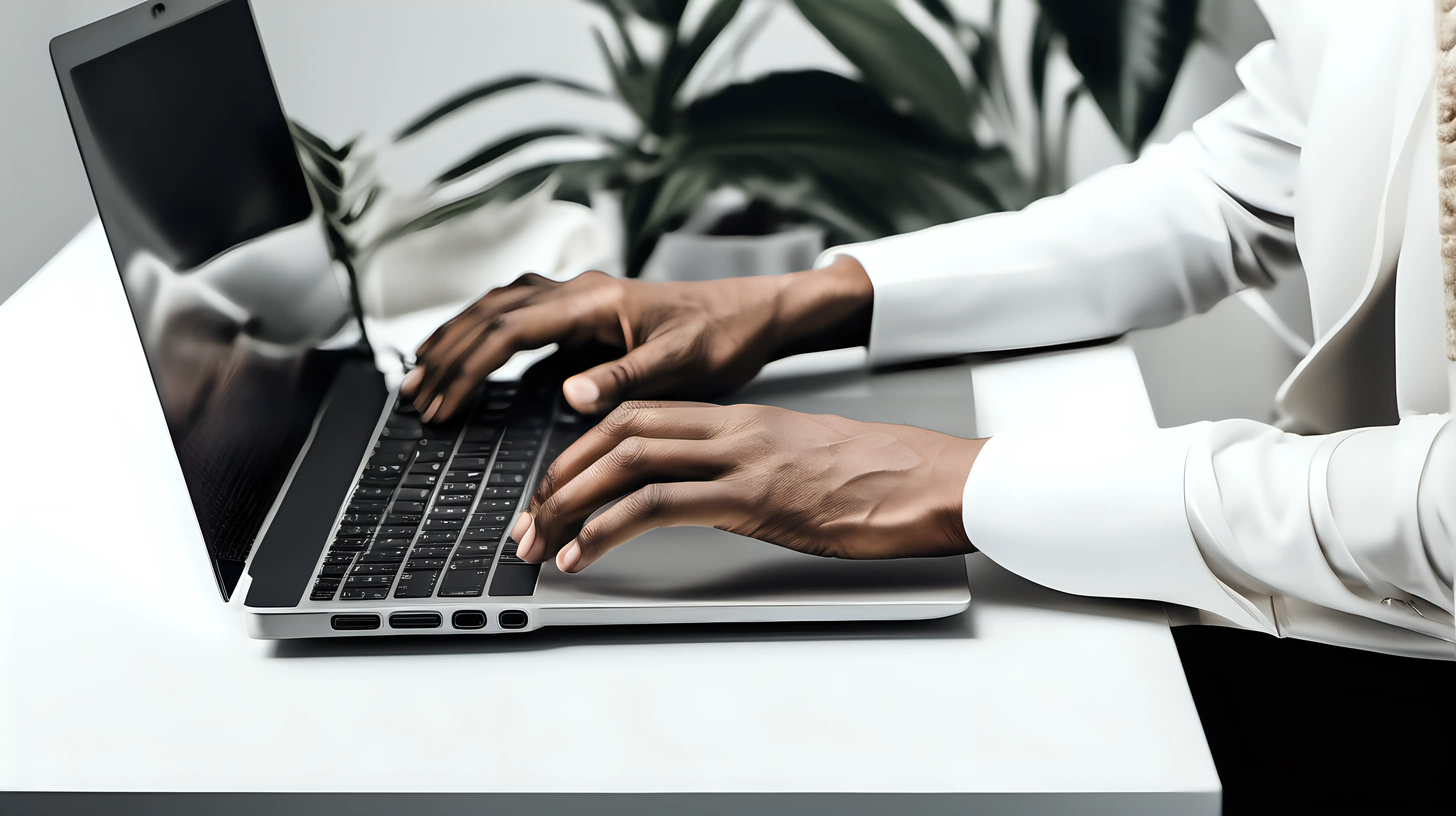 Professional hands working on a laptop in a clean, white office setting with subtle, sophisticated decor.