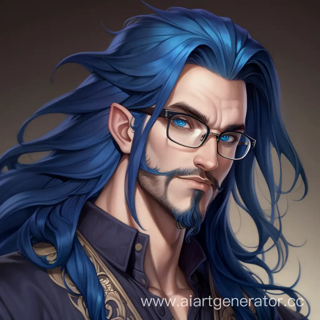 Длинные волосы темно-синего цвета,мужчина 30 лет,очки, драконьи глаза синего цвета, бородка