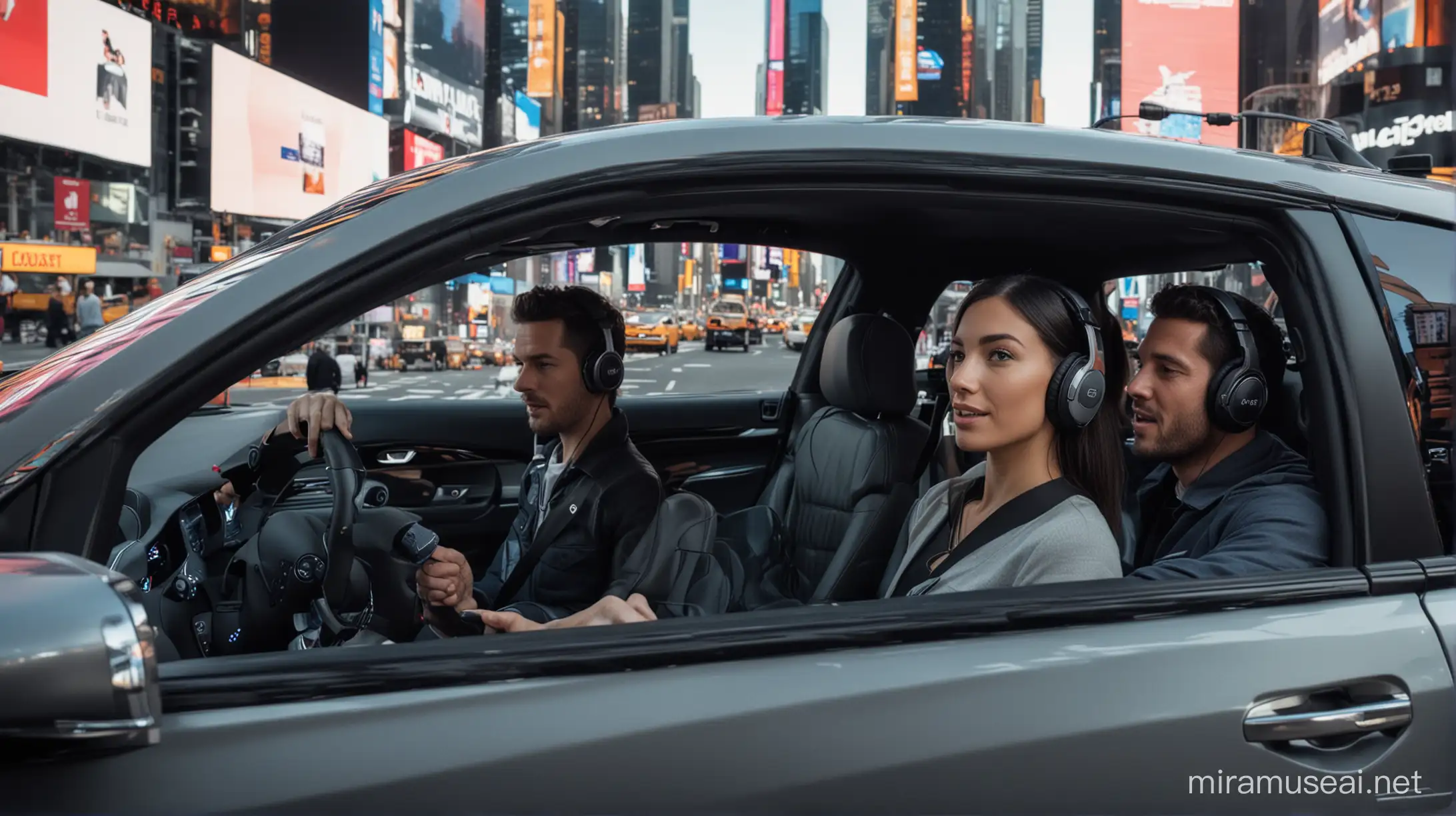 2 people with headphones and microphones recording a podcast inside a Cadillac LYRIQ while they’re driving through Times Square. From the perspective of inside the car.
