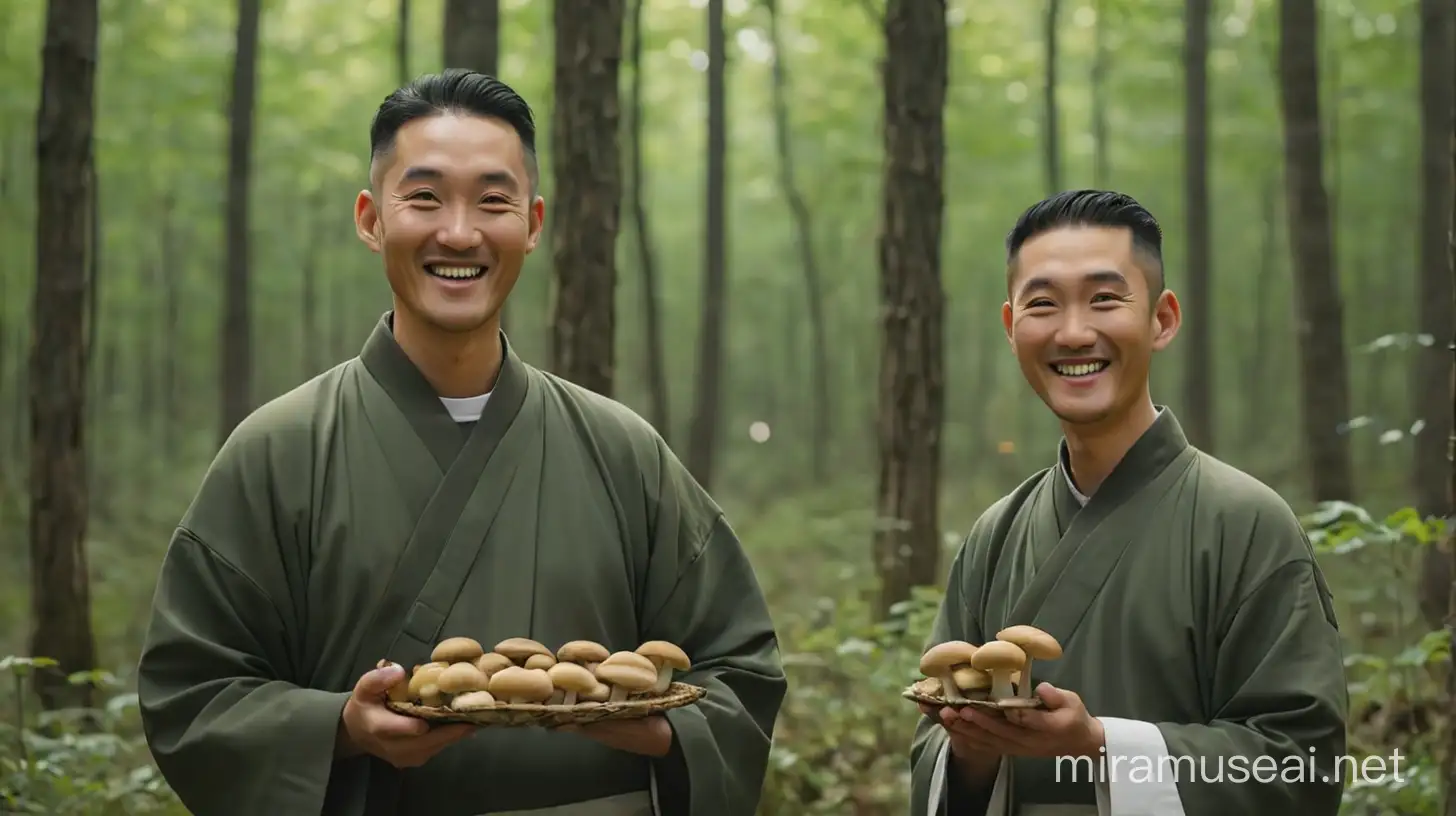 two Korean men in the forest, one is an ordinary man, the other is a priest, they are holding some mushrooms in the middle of the forest while smiling