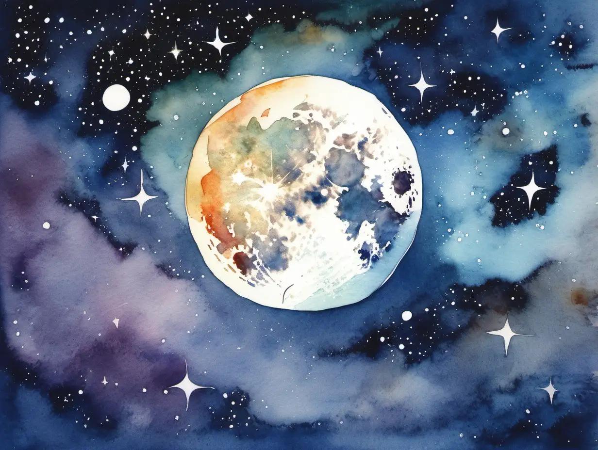 round white moon rising, uplight, outer space, galaxy colours, watercolour