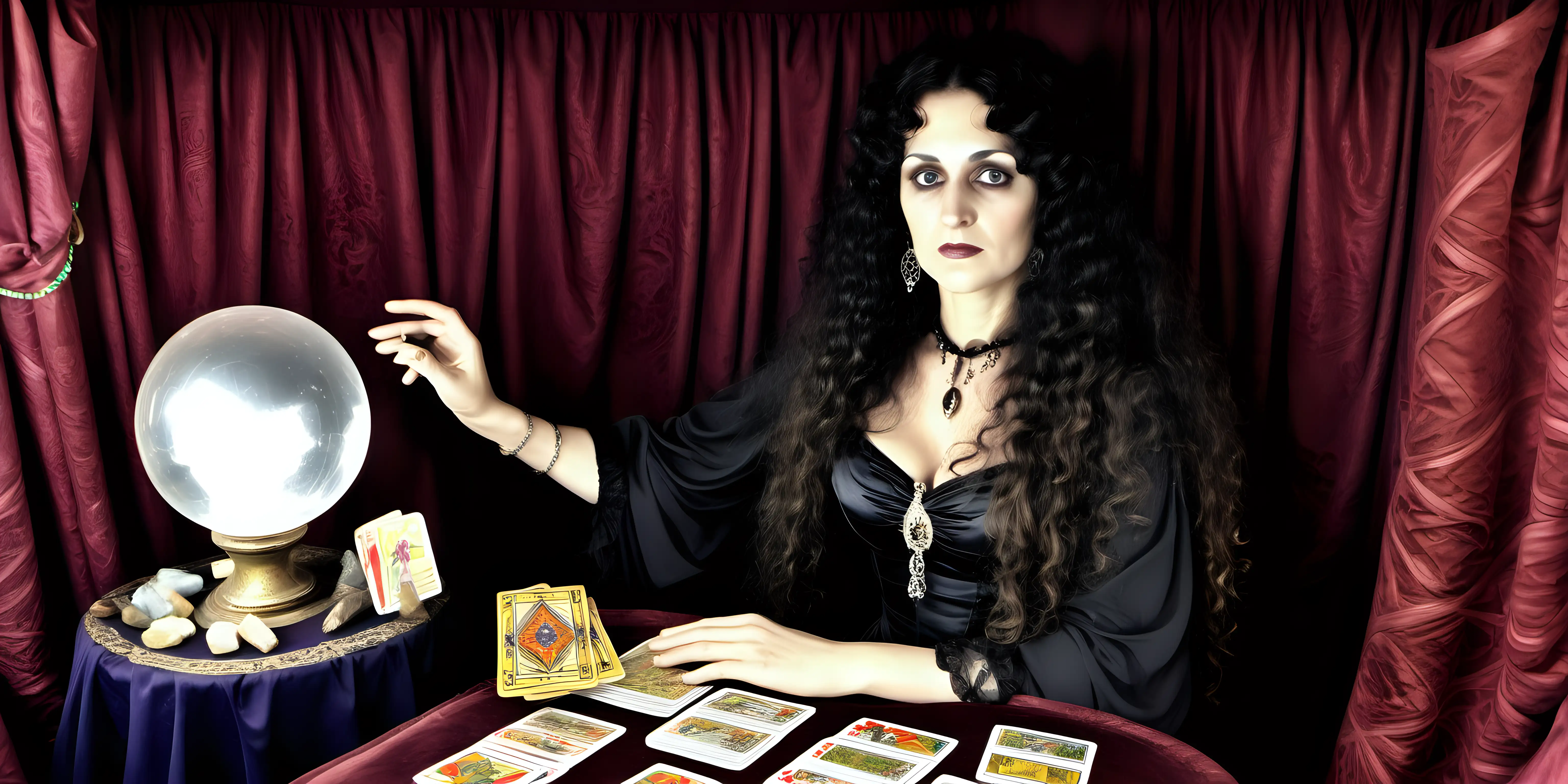 Victorian Gypsy Clairvoyant Lady in Satin Dress with Tarot Cards and Crystal Ball