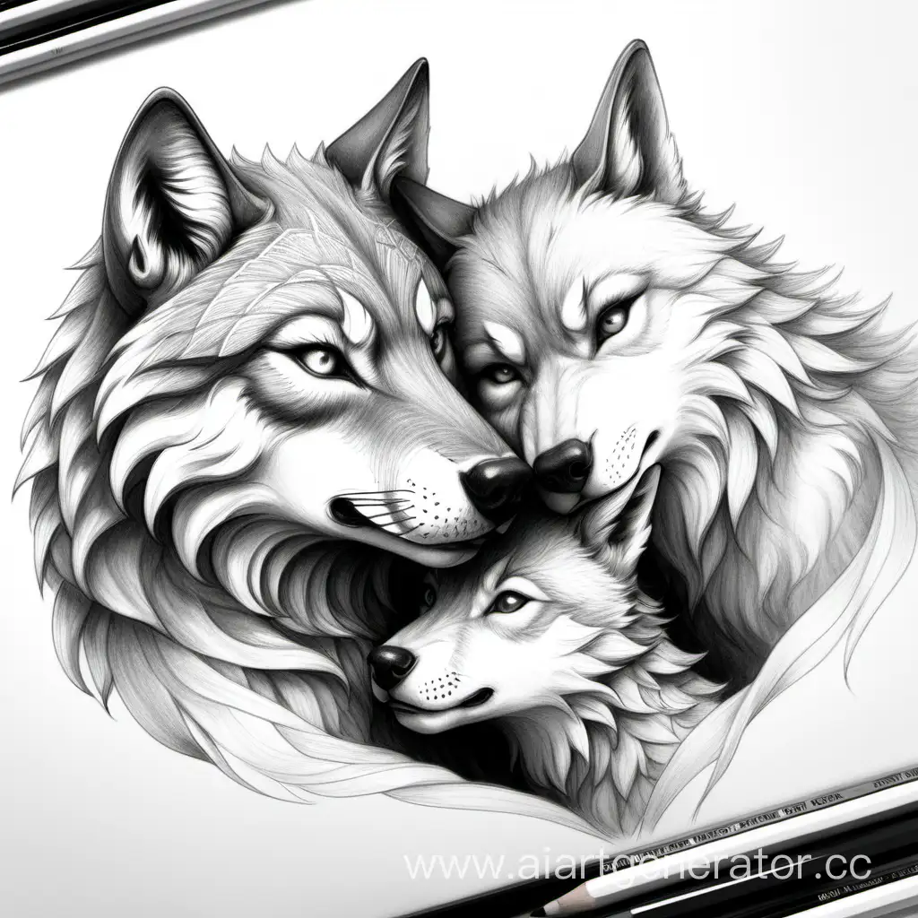 нарисуй волка,волчицу и волчонка в объятиях карандашом