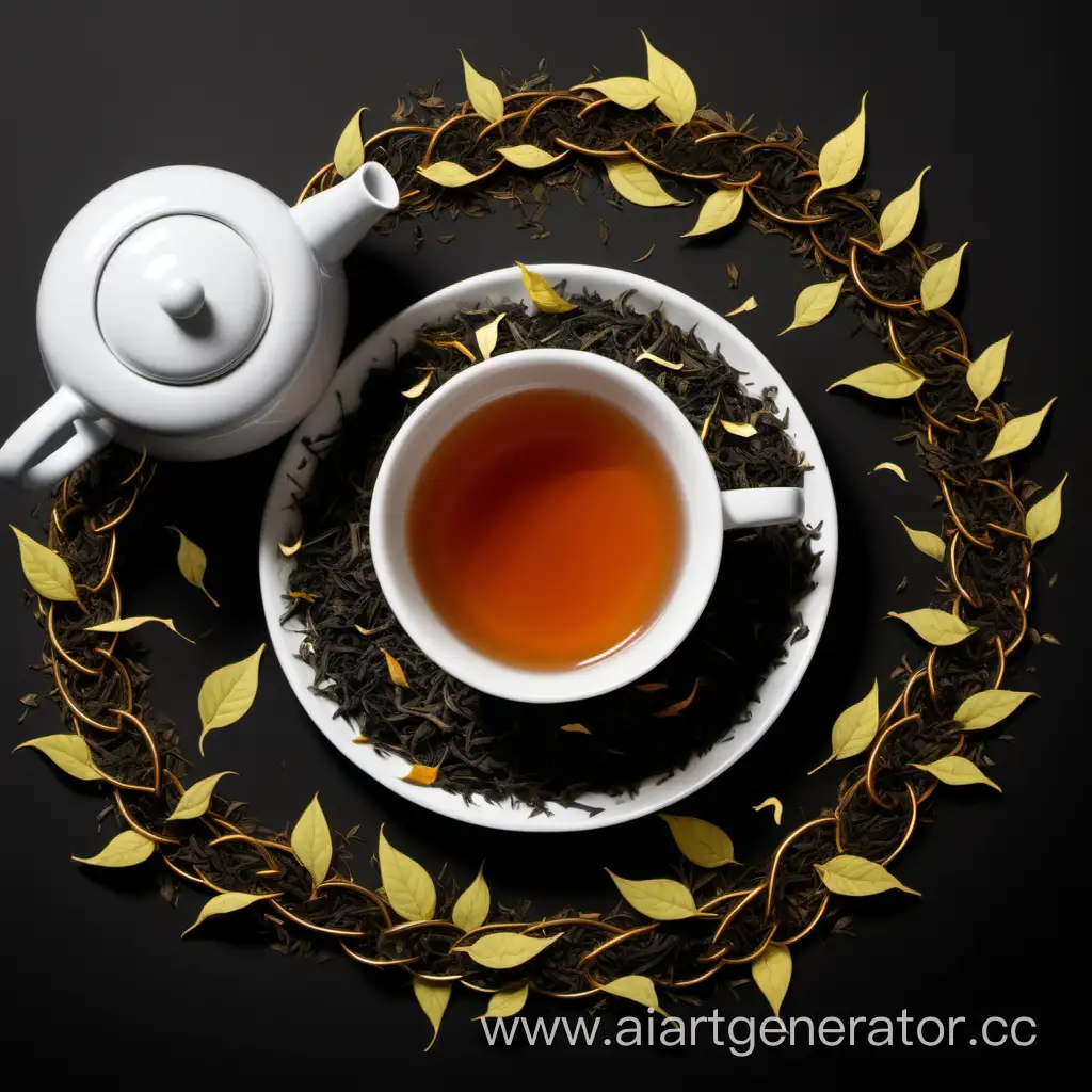 Cheerful-Tea-Set-with-Scattered-Tea-Leaves-and-a-Dopamine-Chain