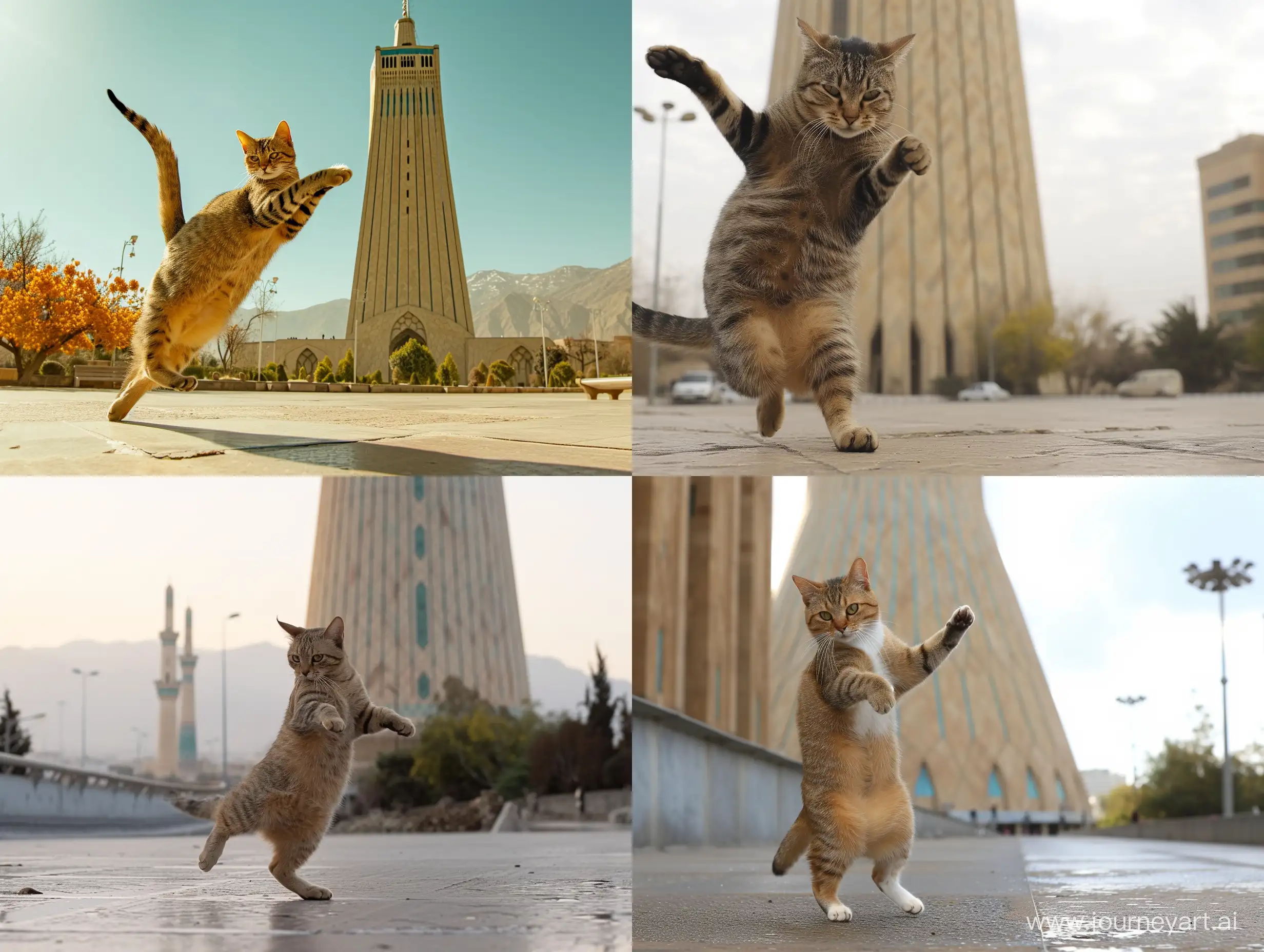 یک گربه در حال رقص کنار برج میلاد