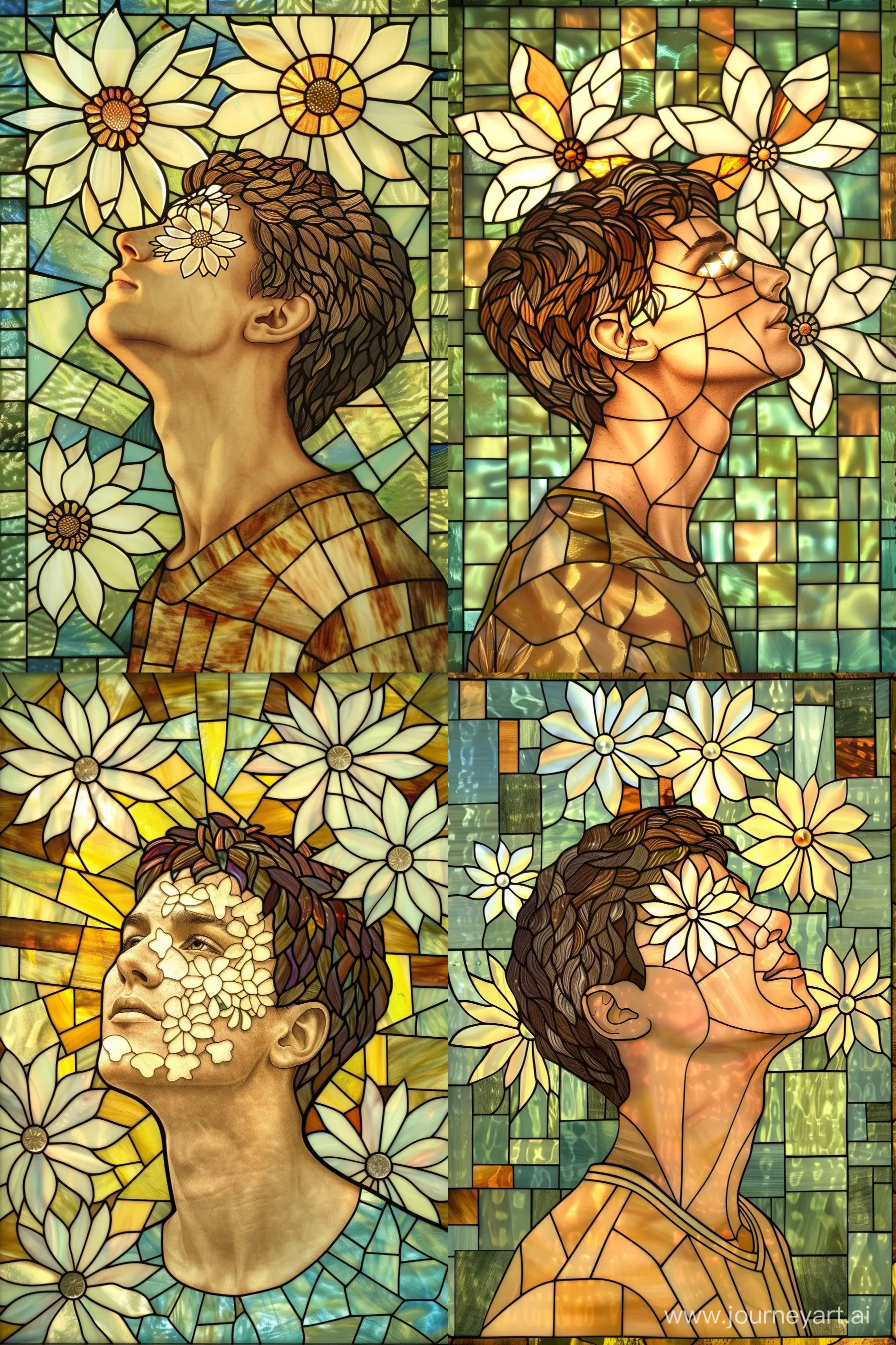 Man-with-Dark-Wavy-Hair-and-White-Flower-Eyes-in-Stained-Glass-Art