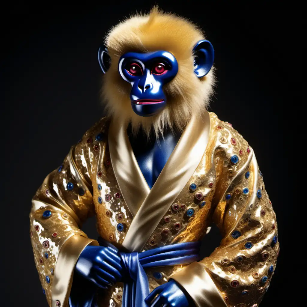 golden monkey, with ruby eyes, and sapphire teeth, dressed in a silk sequined robe