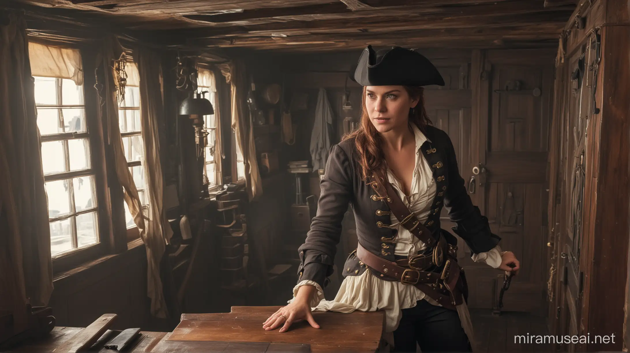 Female Pirate in Captains Quarters Amidst Treasure Chests