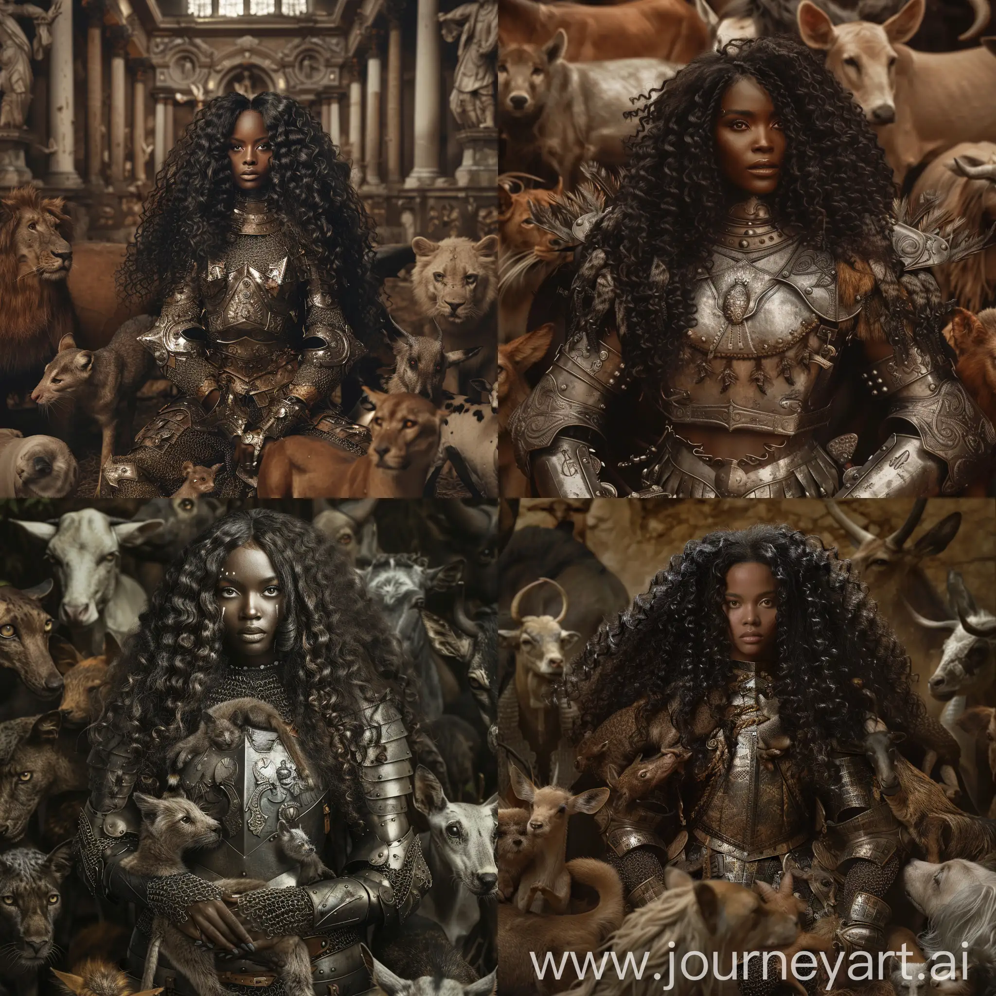 Hyperrealistic photography of a Black woman with long curly hair wearing a full set of intricate armor surroundedby animals --v 6 