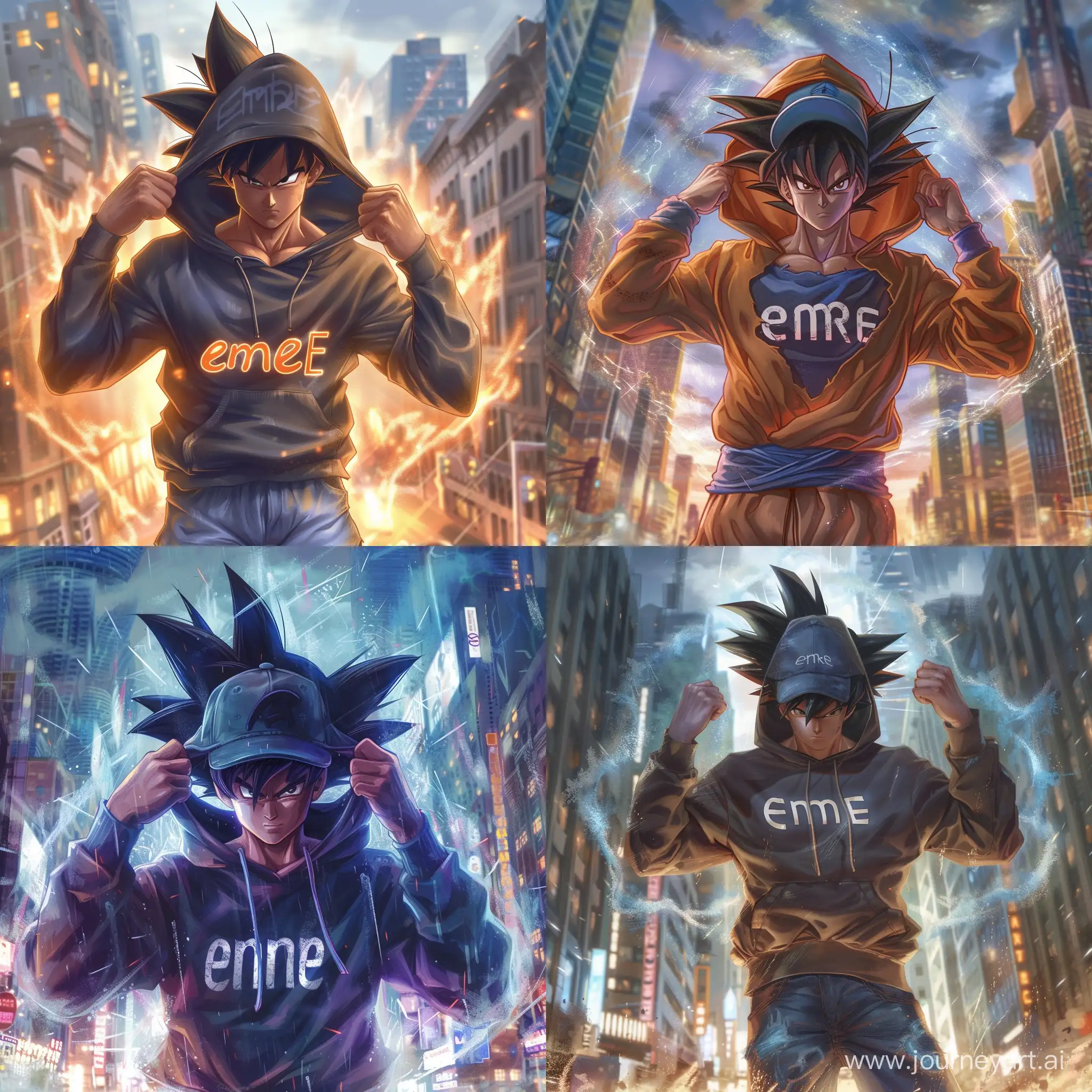 erstelle ein bild mit einen son goku im super sayajin mit hoodie und cap. der hoodie hat die aufschrift emre. er steht in der stadt und ist von seiner aura umgeben. er hält mit sein händen seine kapuze fest