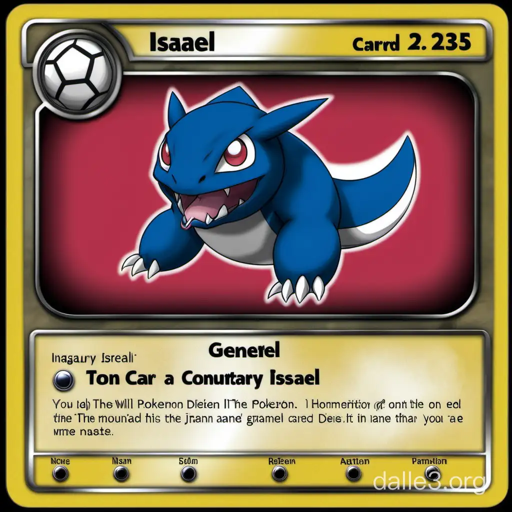 Generate some imaginary Pokémon card concepts. Make sure to illustrate the entire card, and do not crop out any sections of the card. Each card design will be based on a country. Depending on the country that I prompt you, you will then create a Pokémon card concept that includes the name of the monster, and its attacks. You will design a monster based on that Israel's culture, and be sure to include the flag in the background. Now generate a card for Israel