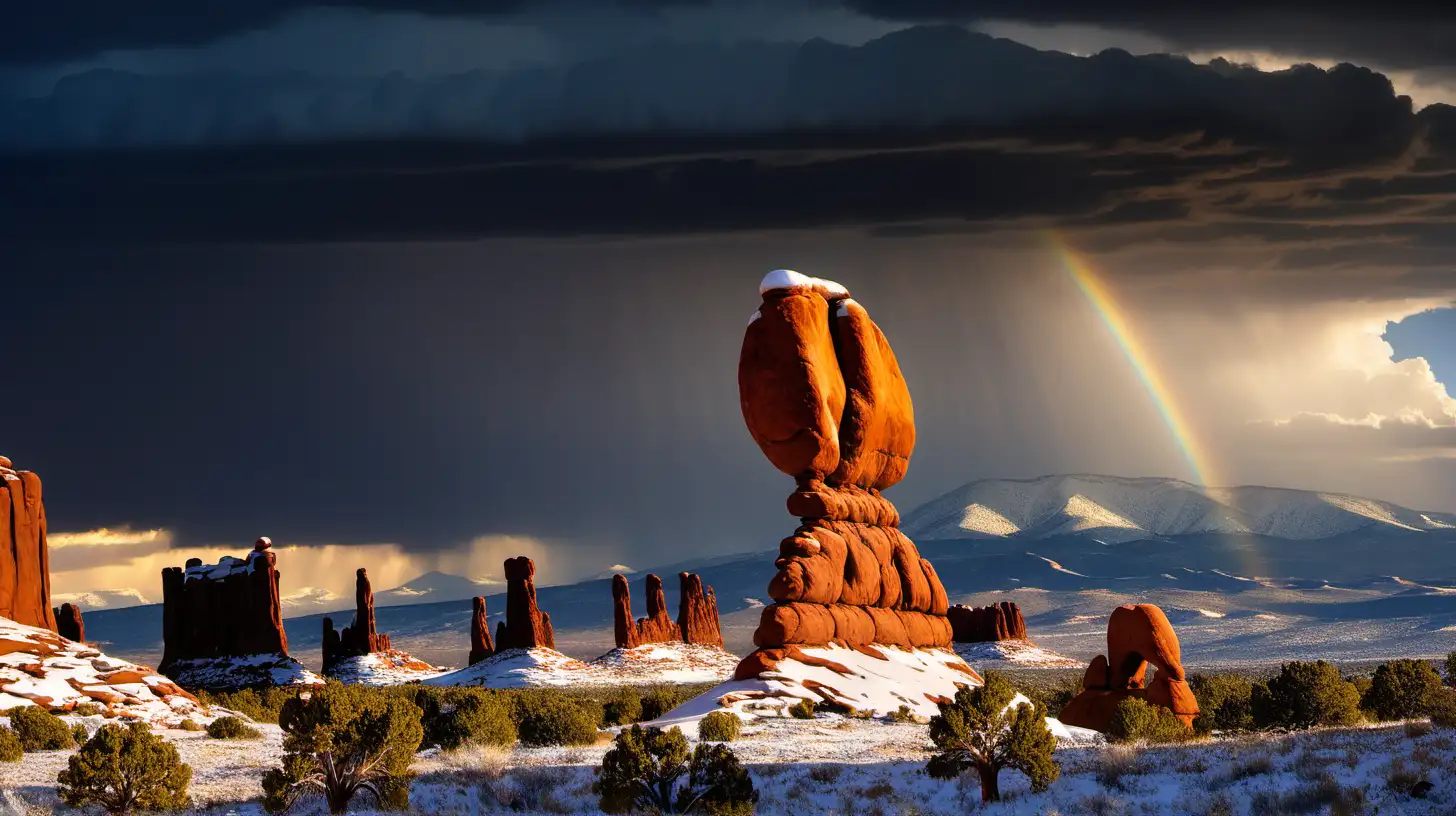single Balanced Rock feature, Arches National Park, La Sal Mountains in distance with snow, rain, dramatic sky, light beams, 