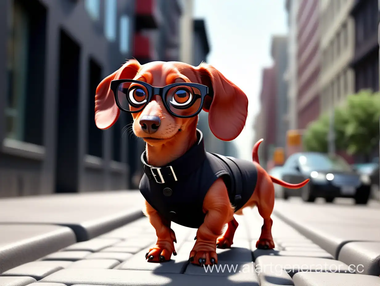 Stylish-Dachshund-Strolling-Through-Urban-Landscape