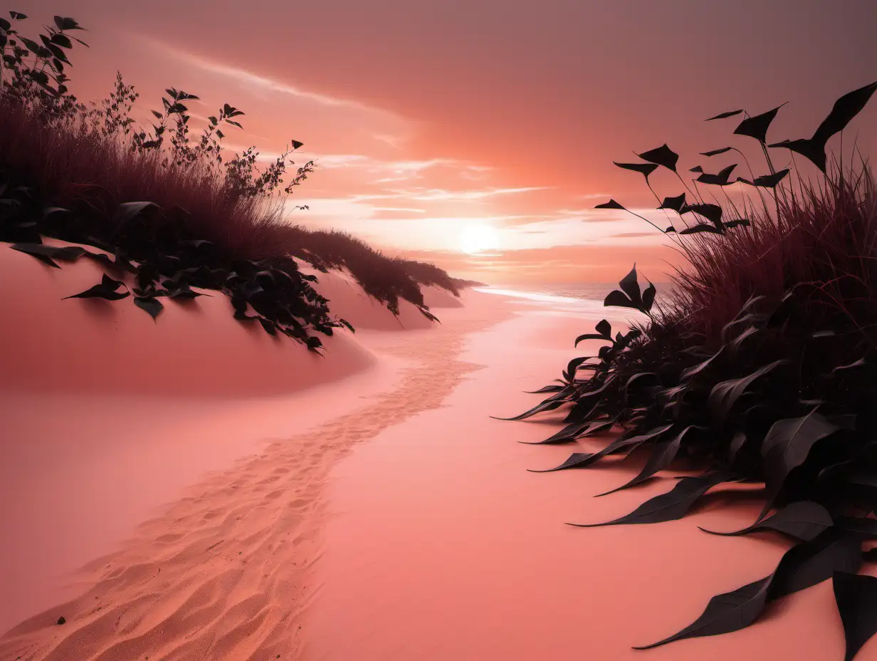 beautiful pale pink sand beach, black vegetation, black leaves, full orange sky, sci-fi photo, MtG art