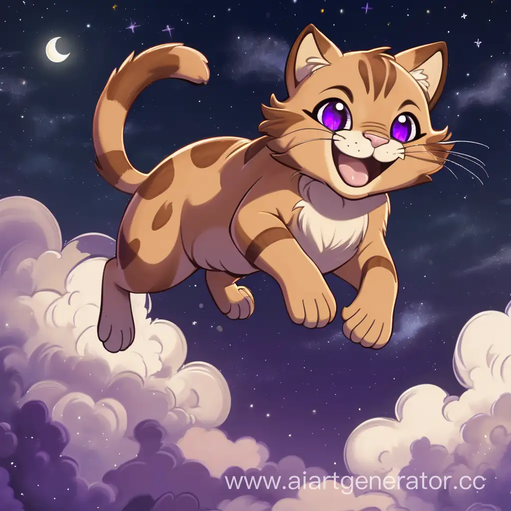 милая большая коричневая кошка с фиолетовыми глазами прыгает в ночном небе на облаках улыбается с закрытым ртом
