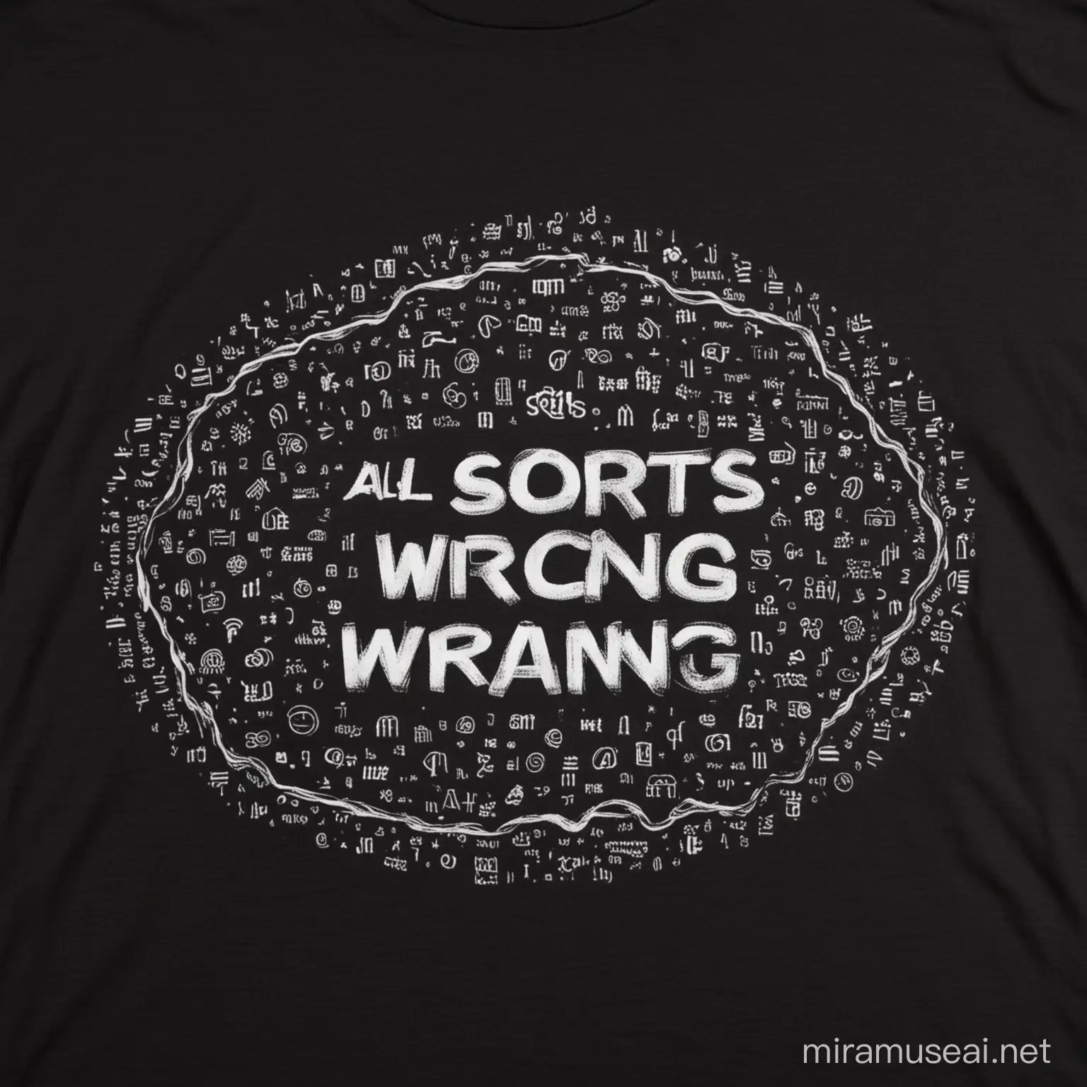 a black t-shirt with the words "all sorts of wrong" in the center across the breast area with an image below illustrating that saying
