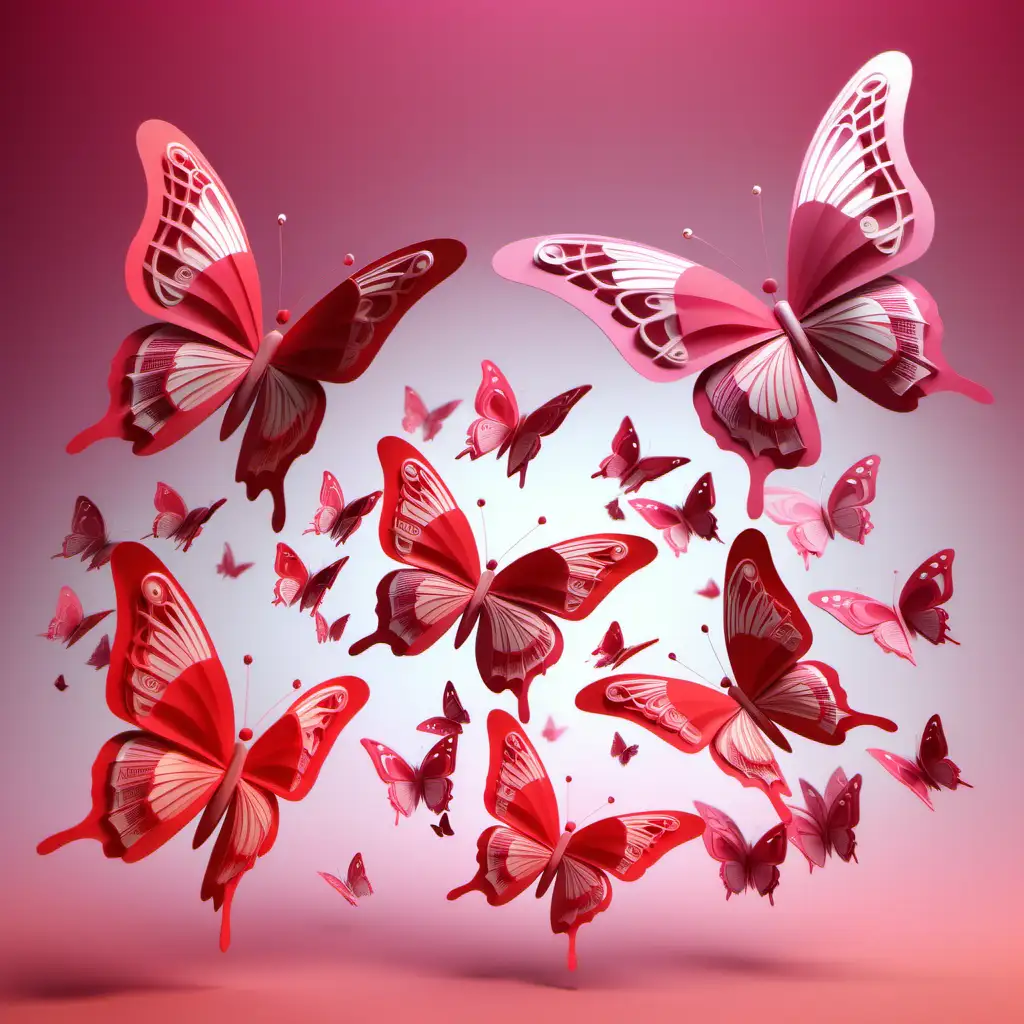 Elegant Red and Pink 3D Butterflies Dancing Around Delicate Pink Flowers