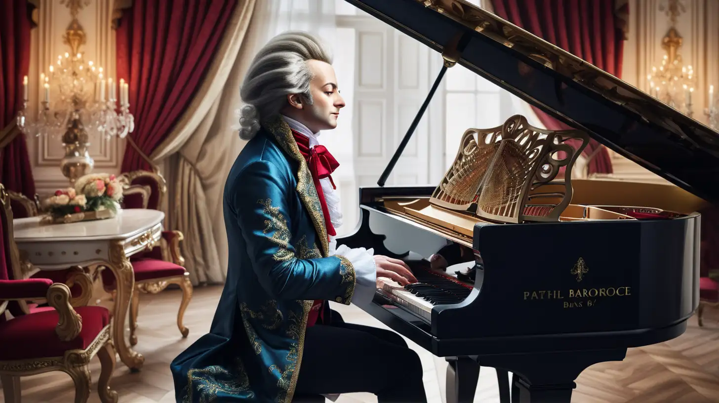 Mozart Performing on Grand Piano in Ornate Baroque Room
