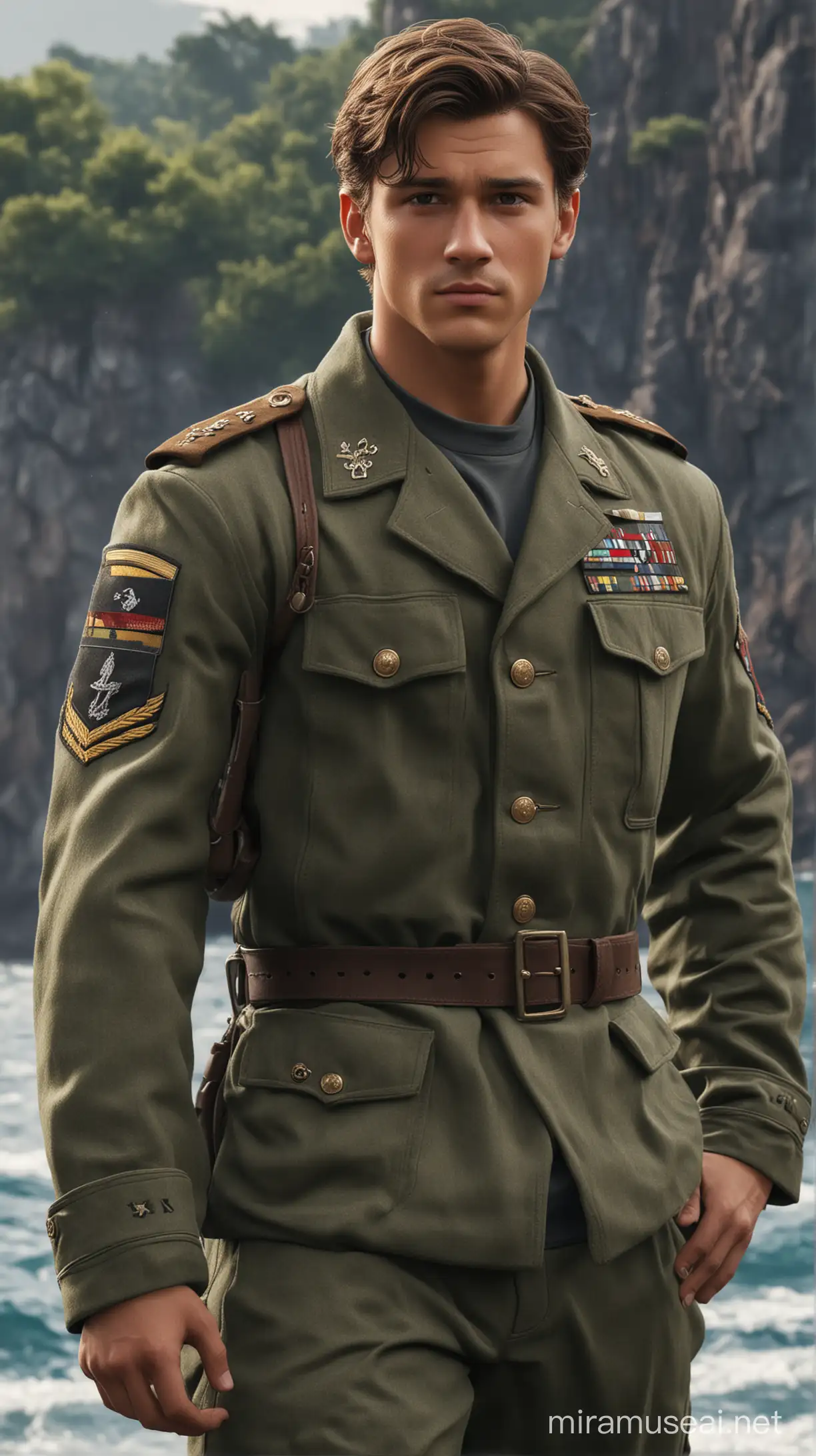 in a sea natural background  military there are disney prince Flynn is Germany 21-year-old with  brown  long dark hair and brown eyes and muscled and
military camouflage uniform of the navy an face beautiful 8k re solution ultra-realistic