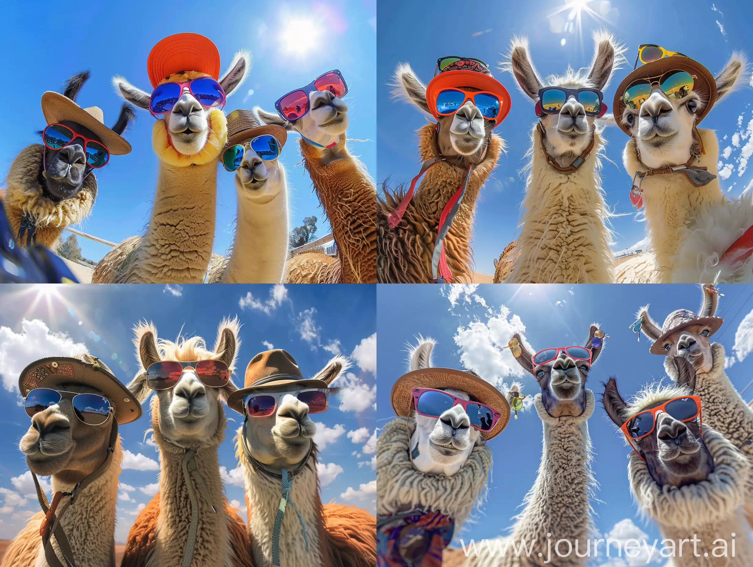 Amusing-Selfie-Three-Llamas-in-Hats-and-Sunglasses-Against-Blue-Sky